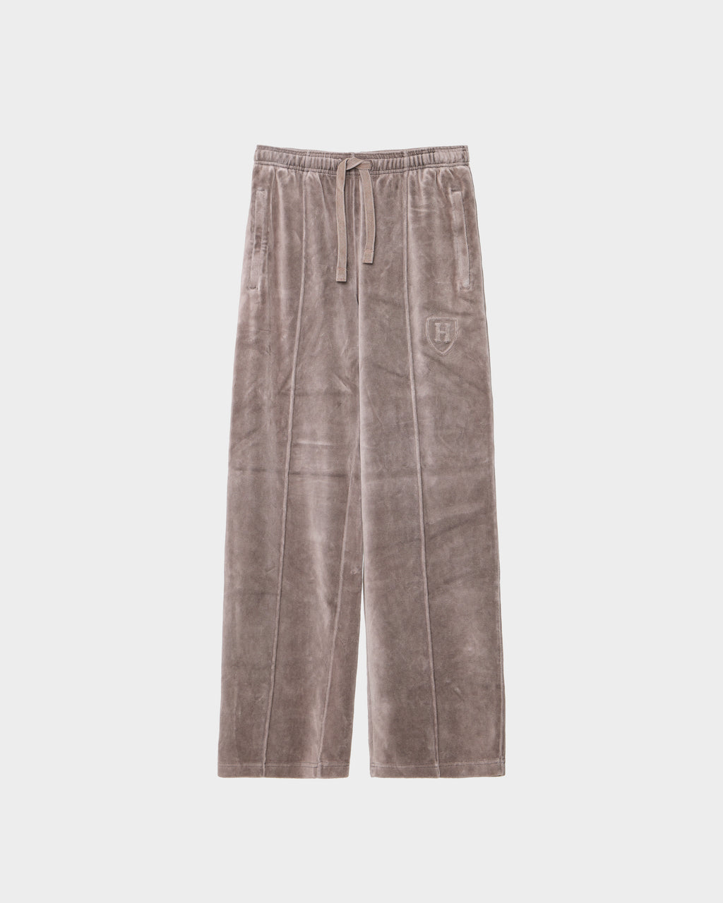 Taupe wide-leg OLIVYA HV - H526903 Taupe velour jogger pants by Rudsak with an elastic drawstring waist and an embroidered crest logo on the hip.