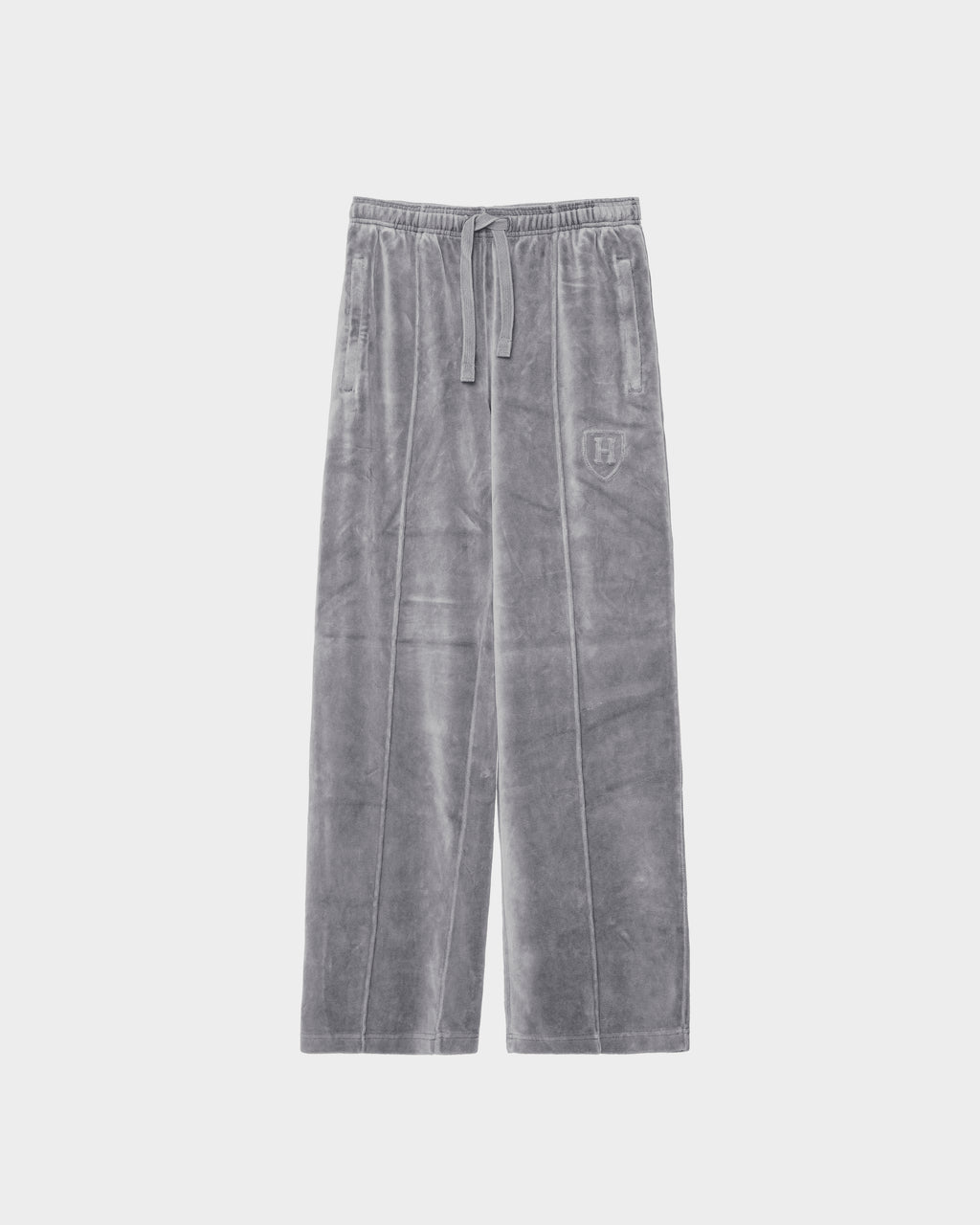 Grey velour OLIVYA HV - H526903 Titanium wide-leg sweatpants by Rudsak with an elastic drawstring waist and a small embroidered crest on the upper thigh.