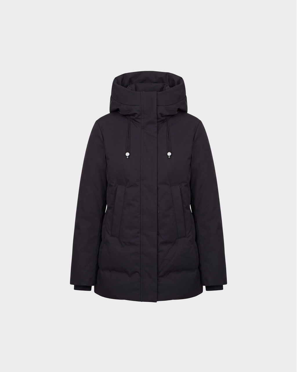 The Rudsak OPAL - 8126618 Black parka is a black winter jacket featuring a hood with adjustable drawstrings, front zipper closure, and two large side pockets. Insulated with RDS-certified down for superior warmth, it is displayed against a plain light grey background.