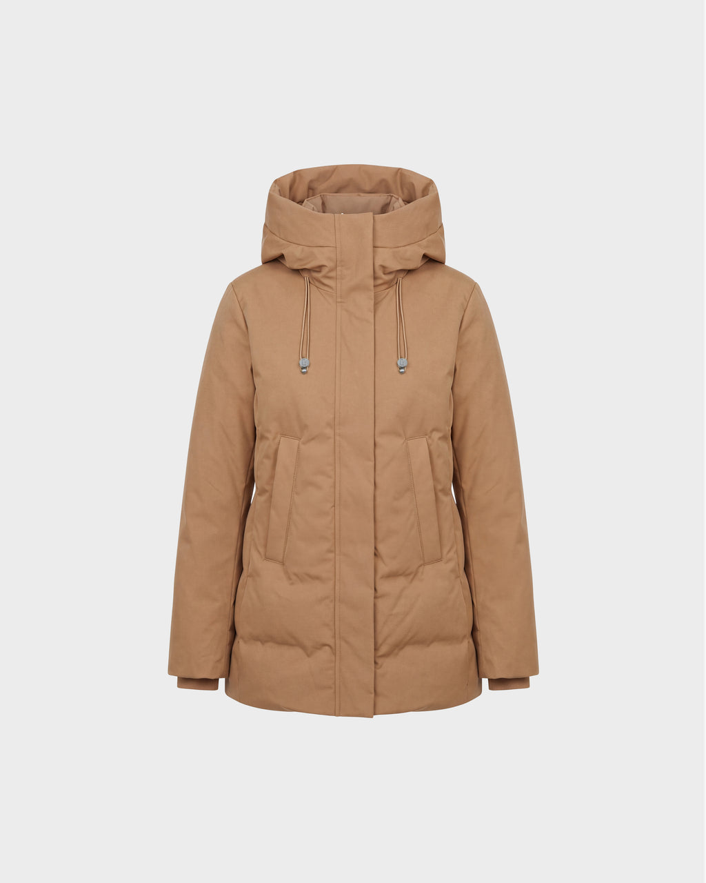 The OPAL - 8126618 Camel by Rudsak is a light brown hooded parka with front zipper, two large pockets, adjustable hood drawstrings, and RDS-certified down, shown against a plain white background.
