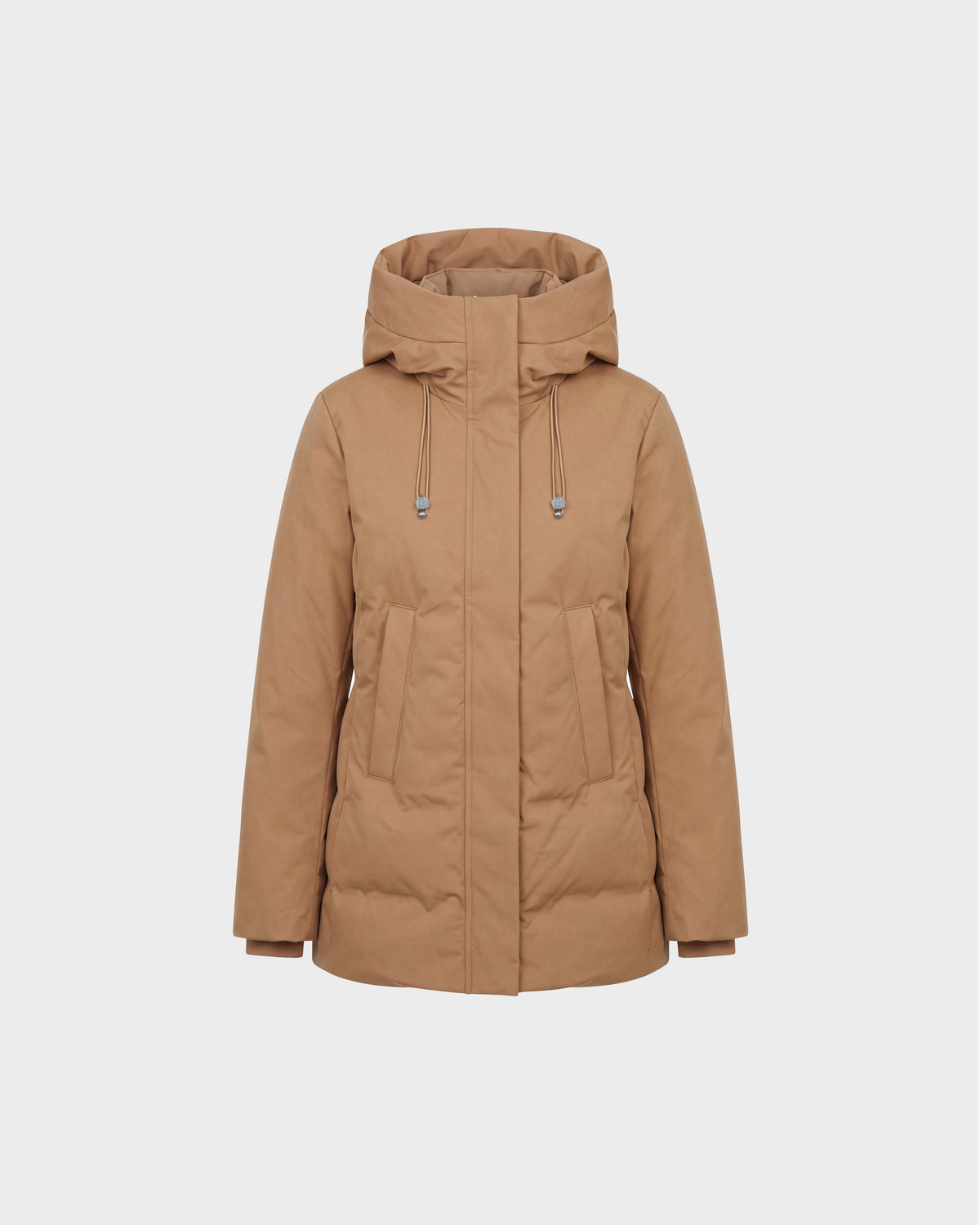 The OPAL - 8126618 Camel by Rudsak is a light brown hooded parka with front zipper, two large pockets, adjustable hood drawstrings, and RDS-certified down, shown against a plain white background.