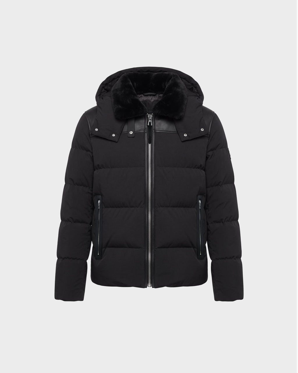 Rudsak SIMON PX - 6126503 Black quilted puffer jacket with a fur-trimmed hood and leather detailing across the shoulders.