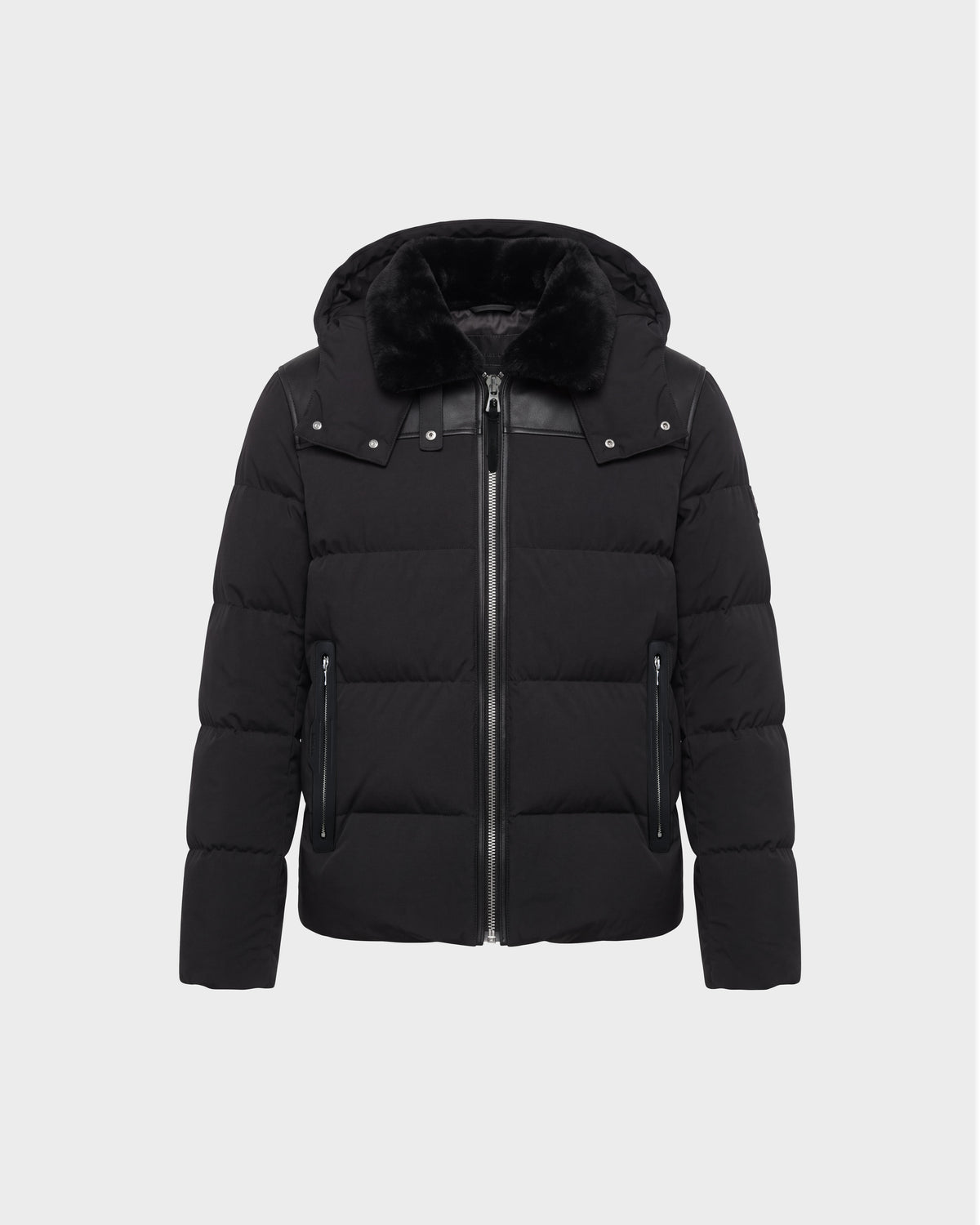 Rudsak SIMON PX - 6126503 Black quilted puffer jacket with a fur-trimmed hood and leather detailing across the shoulders.