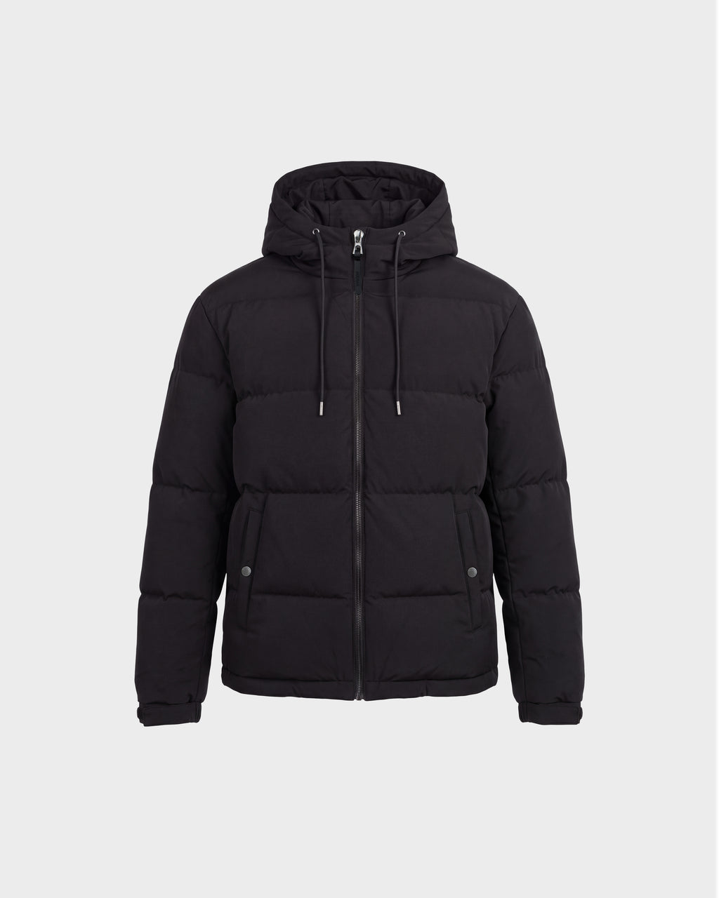 The STERLING EL - 6126759 Black puffer jacket by Rudsak features a hood with drawstrings, a front zipper closure, and side pockets. Its quilted design is showcased against a plain light gray background.