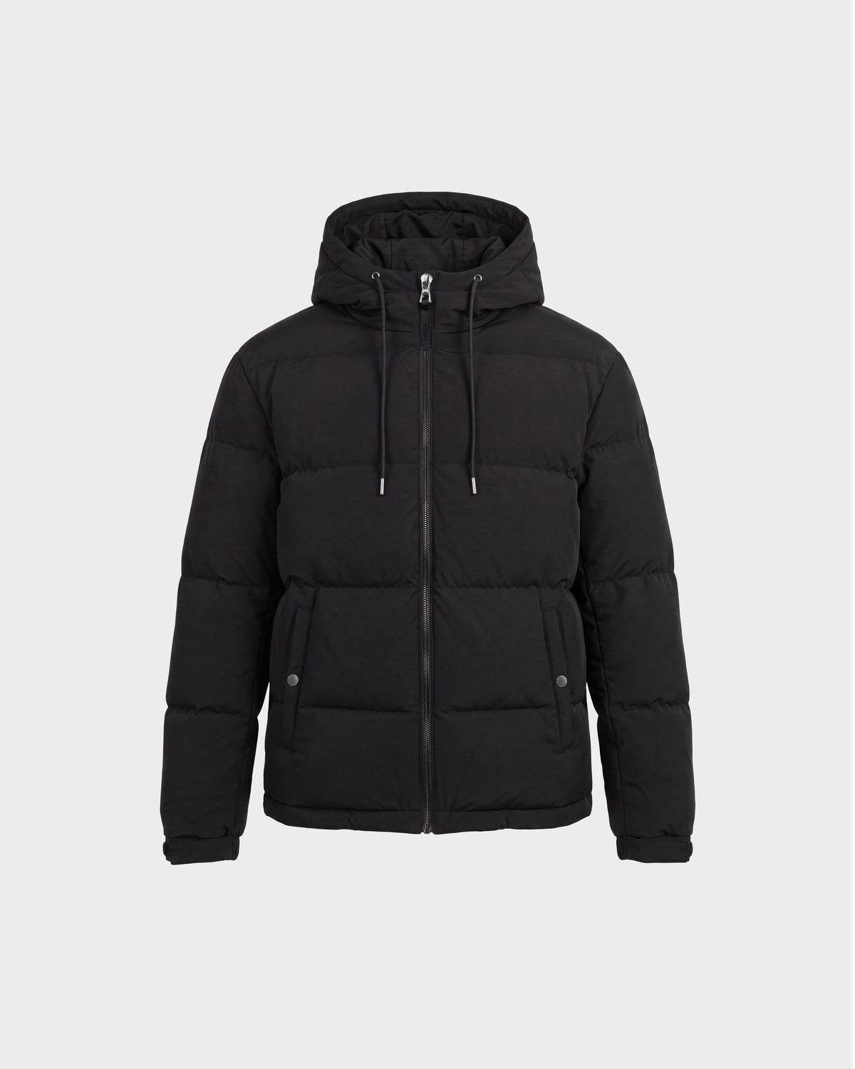 The STERLING EL - 6126759 Black puffer jacket by Rudsak features a hood with drawstrings, a front zipper closure, and side pockets. Its quilted design is showcased against a plain light gray background.