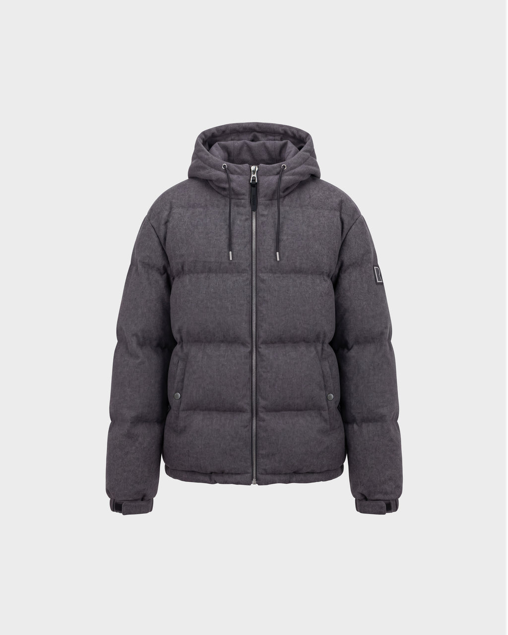 The STERLING W - 6126760 Heather Charcoal jacket by Rudsak features a hood, front zipper, side pockets, and adjustable cuffs. It is displayed against a plain light gray background.