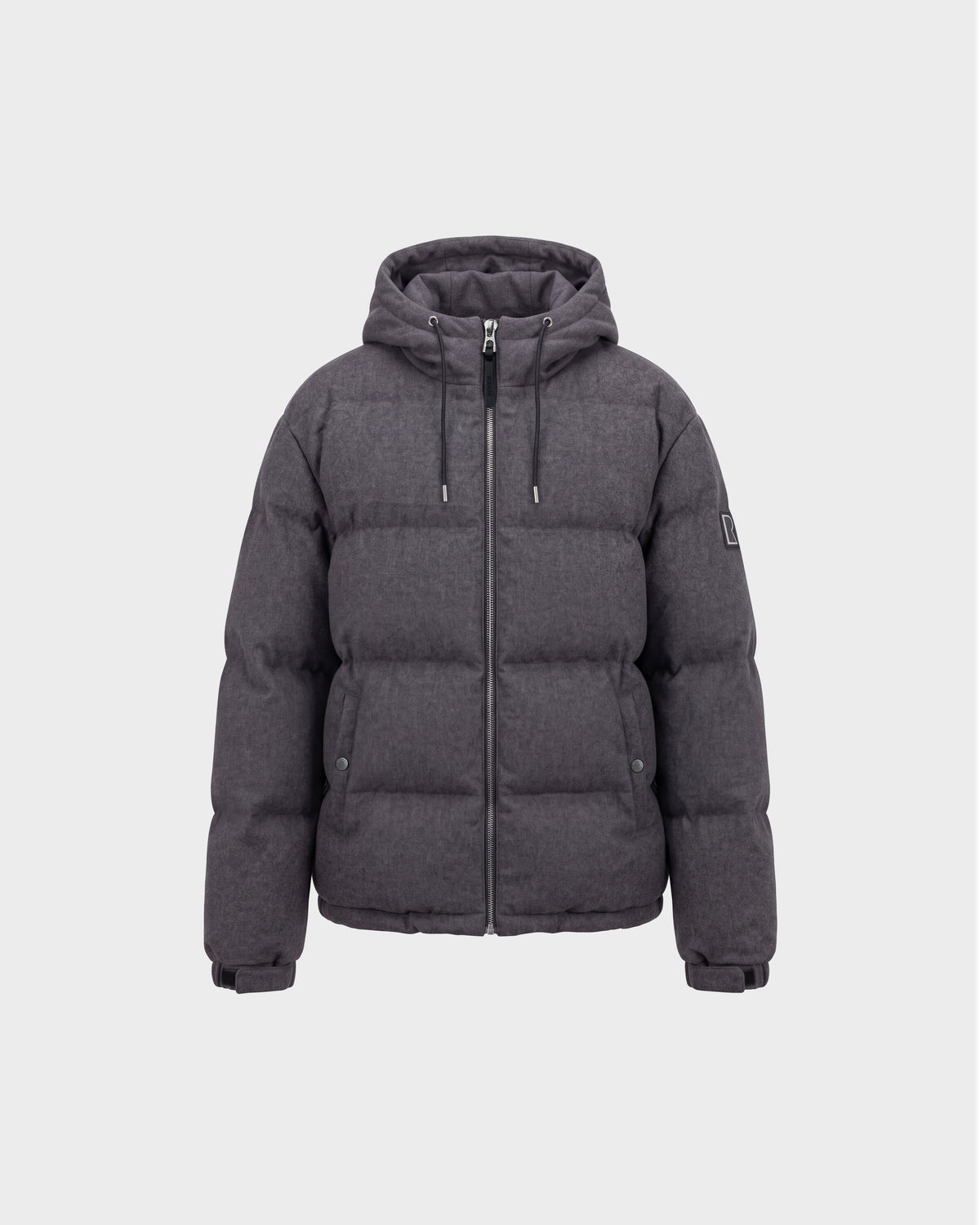 The STERLING W - 6126760 Heather Charcoal jacket by Rudsak features a hood, front zipper, side pockets, and adjustable cuffs. It is displayed against a plain light gray background.