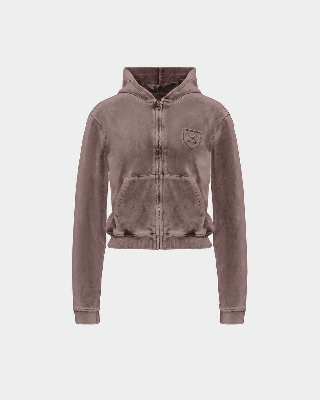 Taupe TYRA HV - H526904 cropped velour zip-up hooded sweatshirt with a small emblem on the left chest.