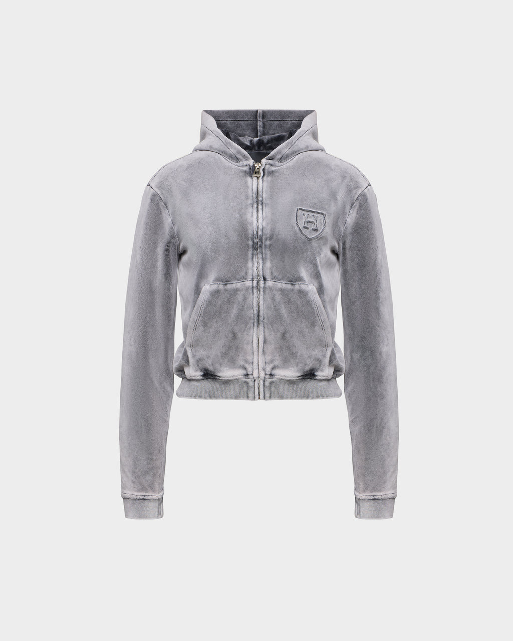 Grey TYRA HV - H526904 Titanium RUDSAK zip-up hoodie with a cropped hem and a small crest logo on the left chest.