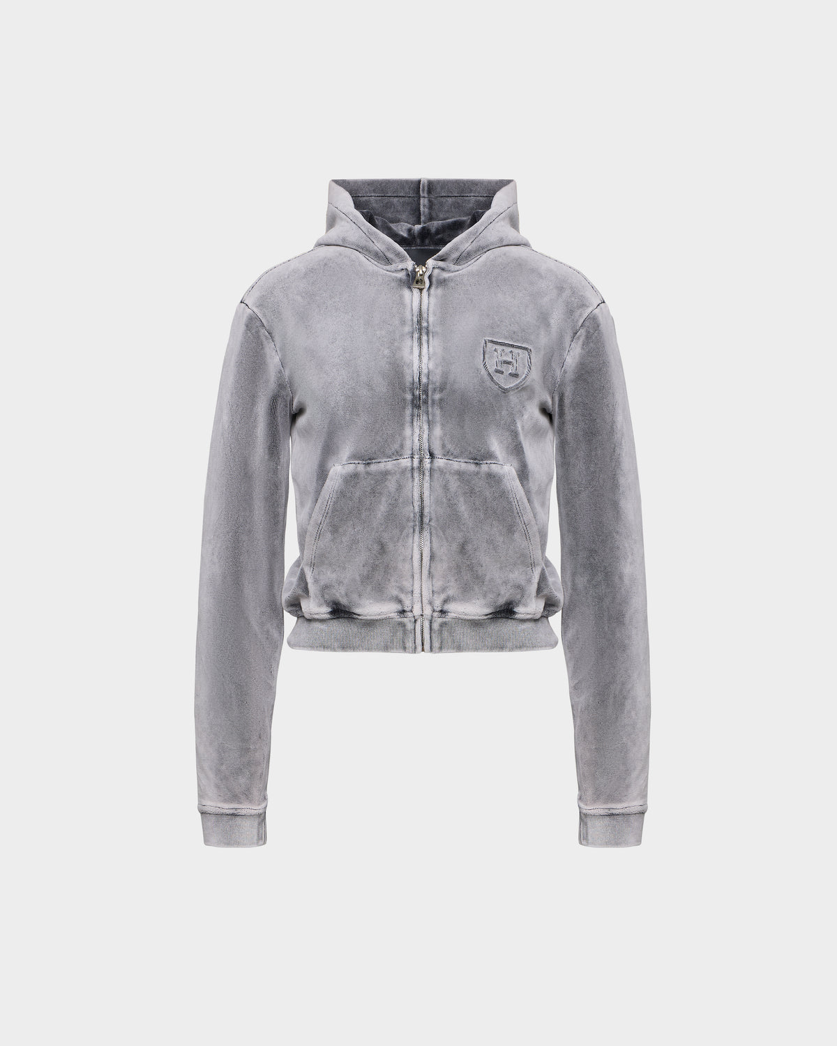 Grey TYRA HV - H526904 Titanium RUDSAK zip-up hoodie with a cropped hem and a small crest logo on the left chest.