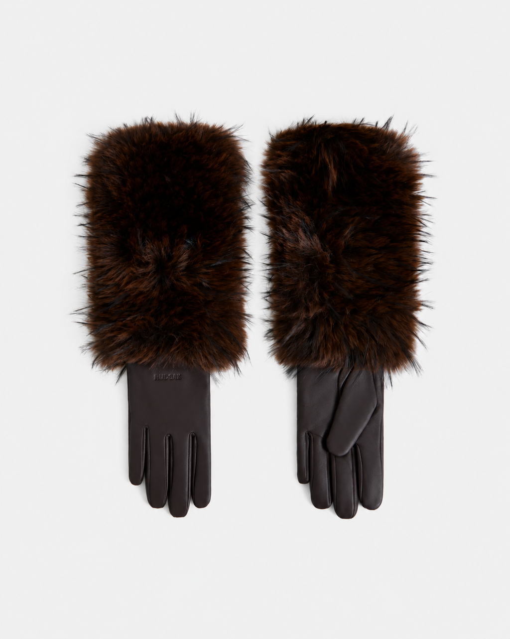 A pair of Rudsak ZAYLA - 8426712 Espresso black leather gloves with thick, dark brown faux fur cuffs, displayed flat on a white background.