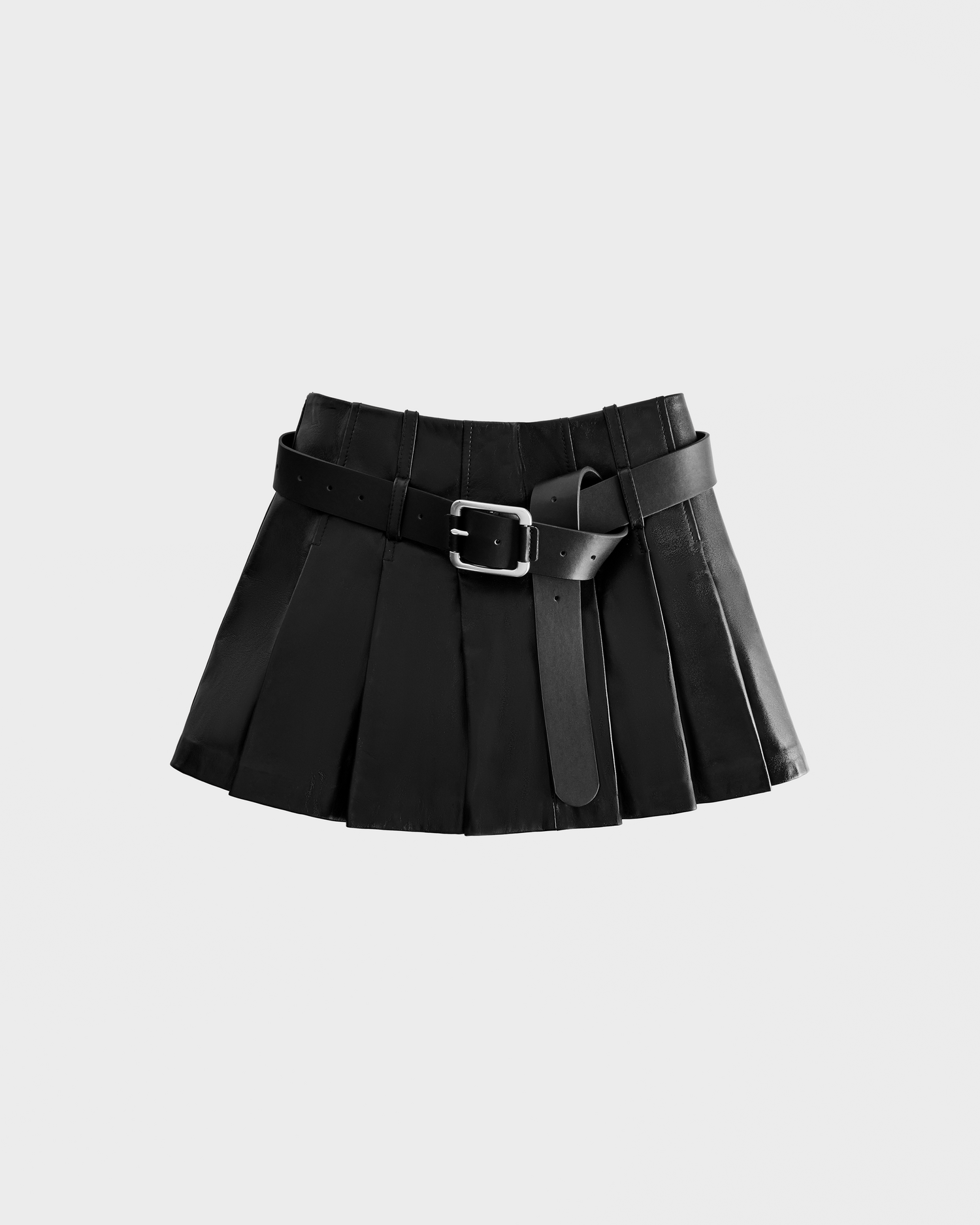 The FELICITY - 8525650 Black by Rudsak is a black pleated leather mini skirt with a wide matching belt and silver buckle, displayed on a plain light gray background.