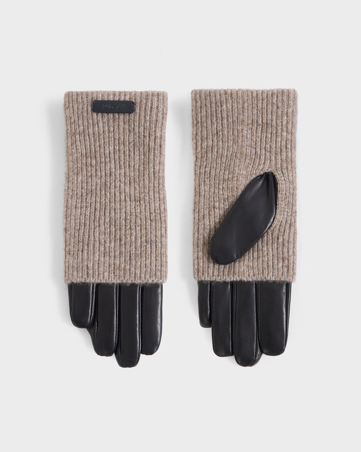MARINE - 8424516 Black/Camel fingerless knit wool gloves by RUDSAK, featuring leather palm patches and leather fingertips.