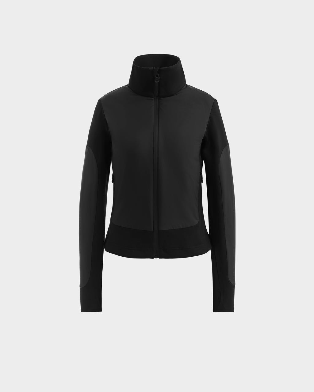 The Rudsak GRANADA - 8126023 Black is a sporty-chic, long-sleeve zip-up sweater jacket with a high collar, fitted silhouette, minimalist design, and mixed-media construction, shown on a plain white background.