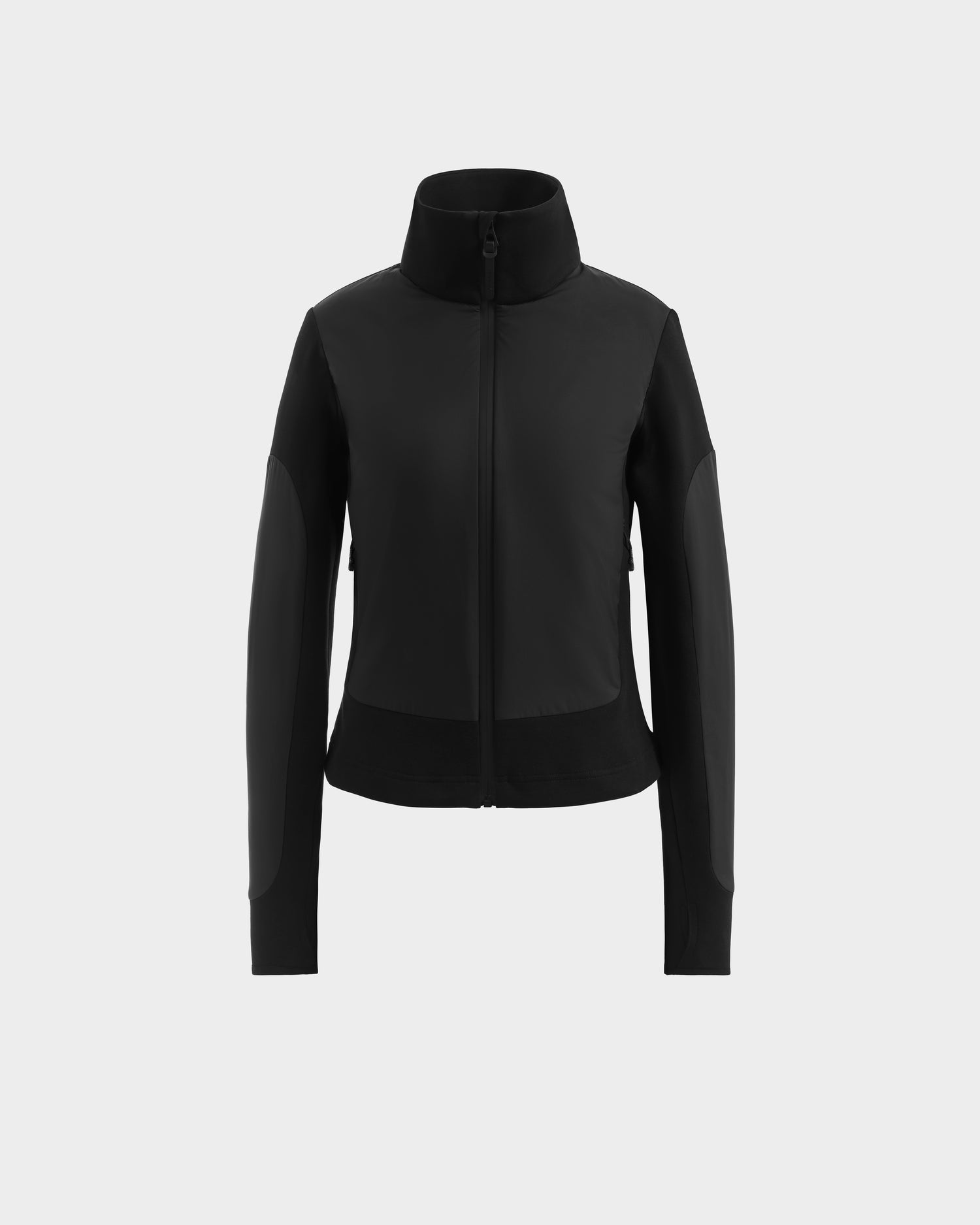 The Rudsak GRANADA - 8126023 Black is a sporty-chic, long-sleeve zip-up sweater jacket with a high collar, fitted silhouette, minimalist design, and mixed-media construction, shown on a plain white background.