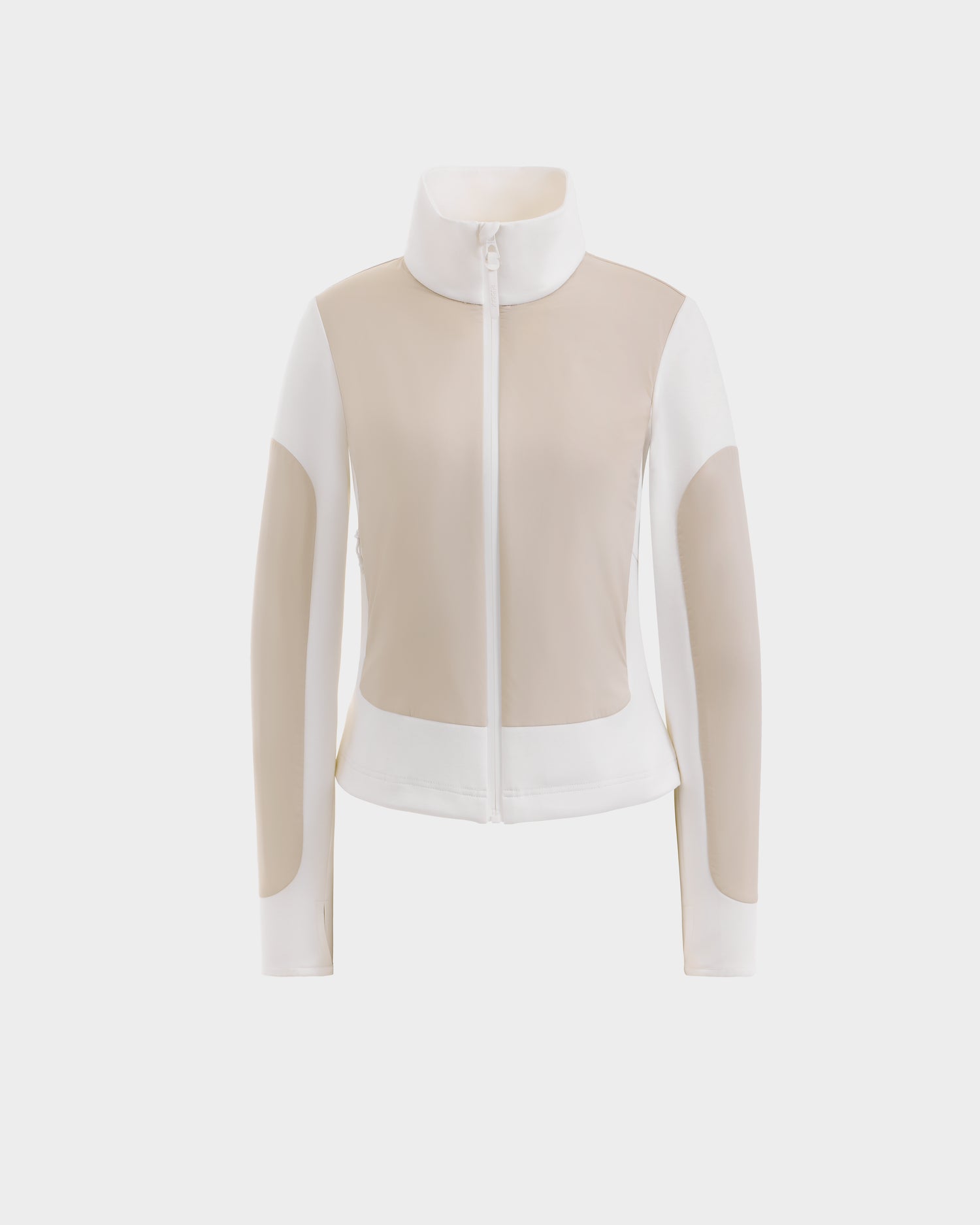 The Rudsak GRANADA - 8126023 Vanilla is a beige and white long-sleeve zip-up sweater jacket with a high collar, panel details, and mixed-media design for a slim, sporty-chic fit. Shown on a plain white background.