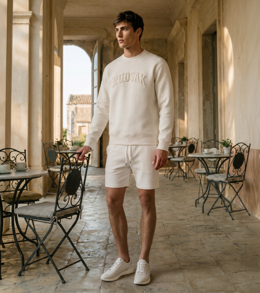 Man wearing a beige sweatshirt in an outdoor setting.