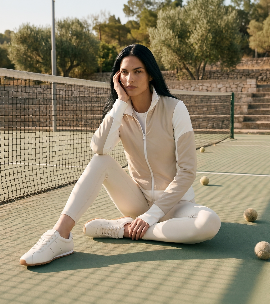 Woman sitting on a tennis court wearing a beige and white outfit.