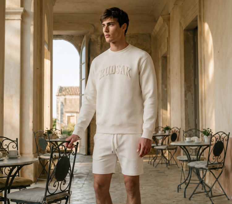 Man wearing a beige sweatshirt in an outdoor setting.