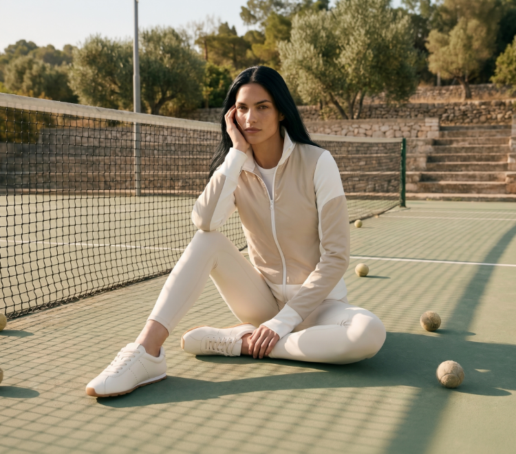 Woman sitting on a tennis court wearing a beige and white outfit.