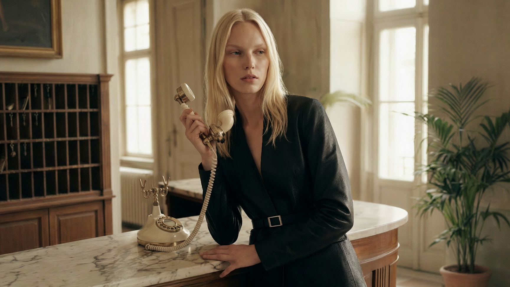 Woman in a dark suit holding a vintage phone in a room with large windows and a plant.