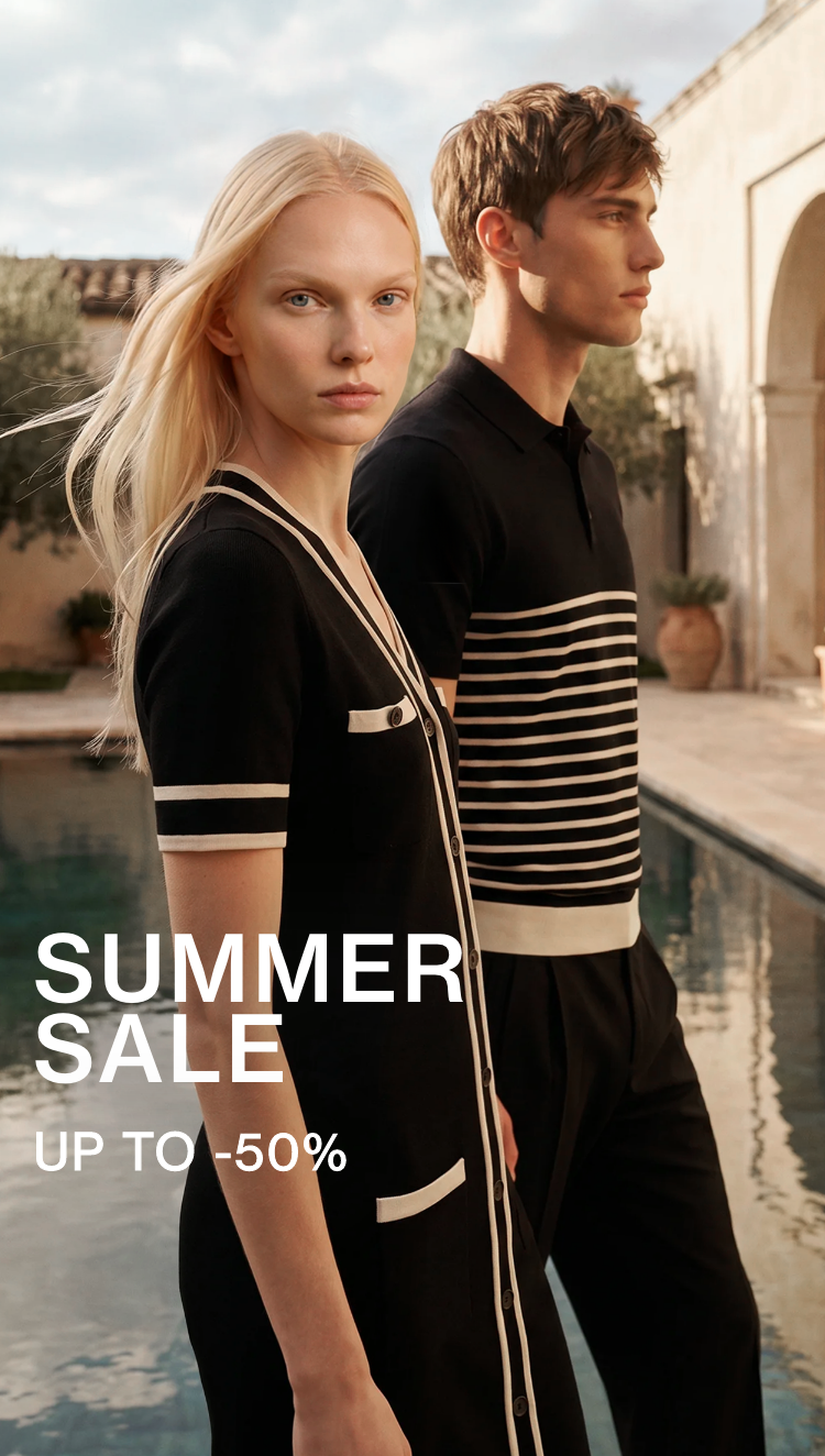 Two people standing by a pool with 'Summer Sale' text overlay