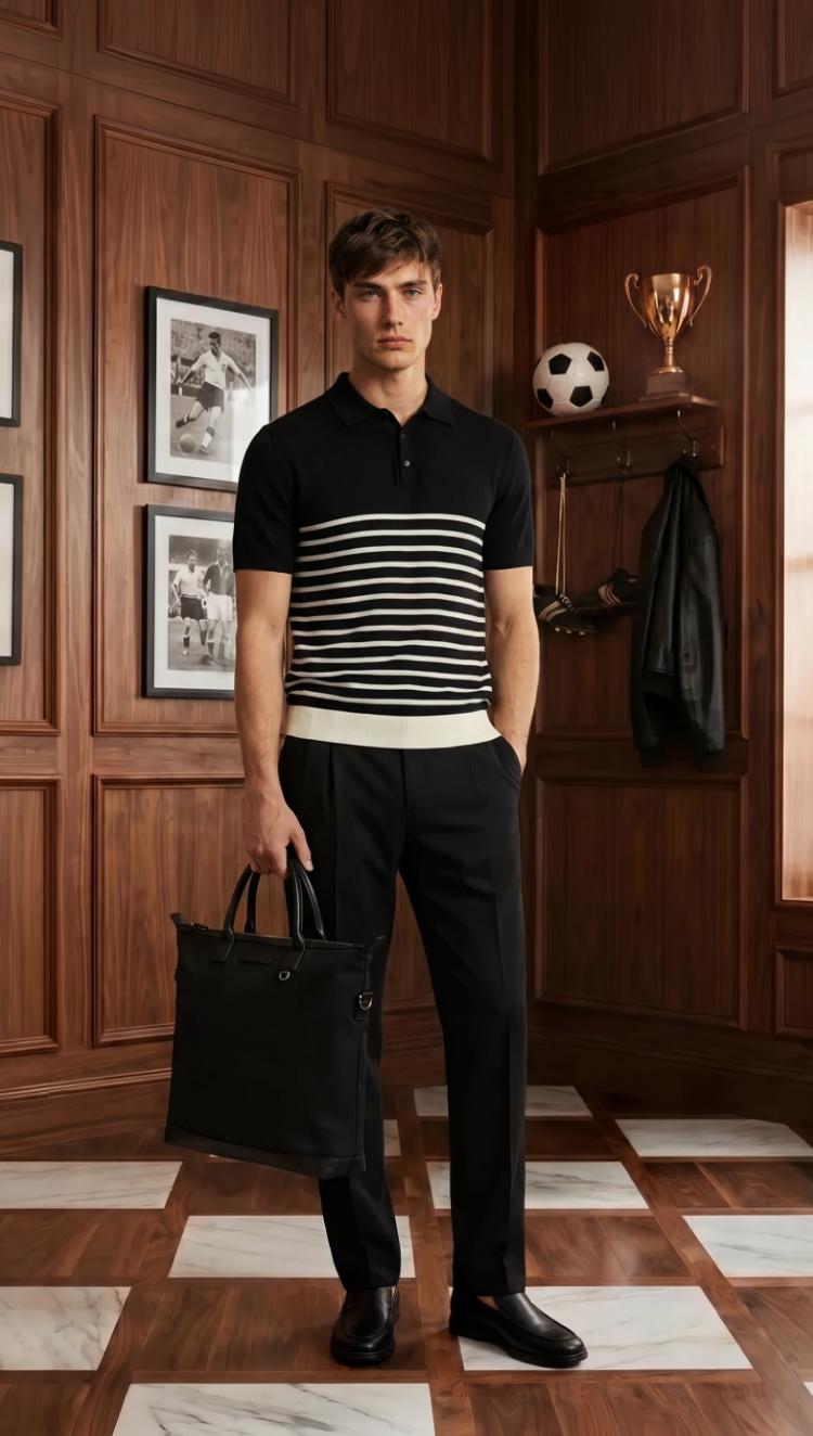 Man in a black and white striped polo shirt holding a black bag in a room with wooden walls and decor.