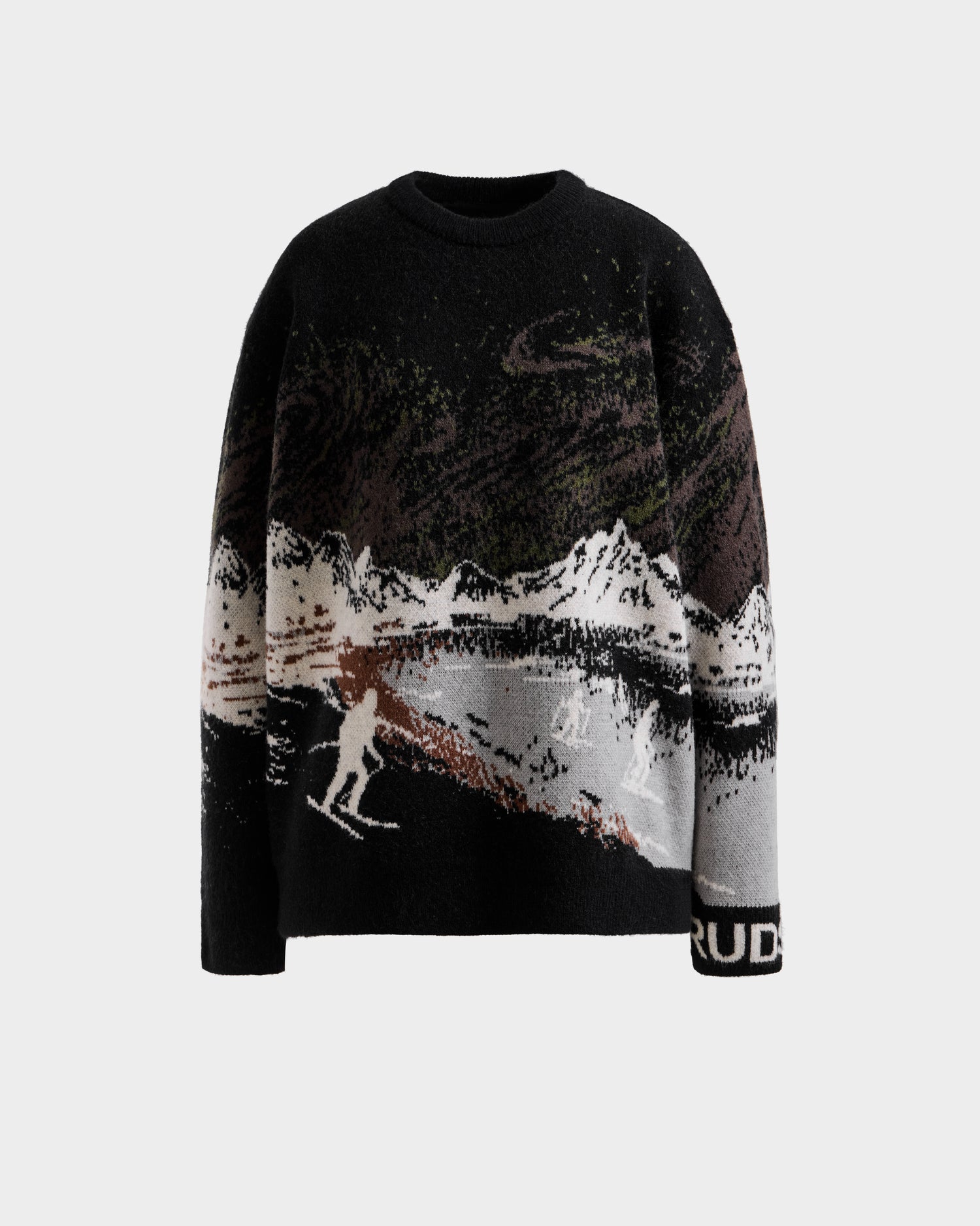 The Rudsak IZZY - 9525557 Black M is a unisex knit crewneck sweater with a mountain landscape design in white, brown, and gray, featuring skiers and the word RUDI partially visible on the left sleeve cuff.