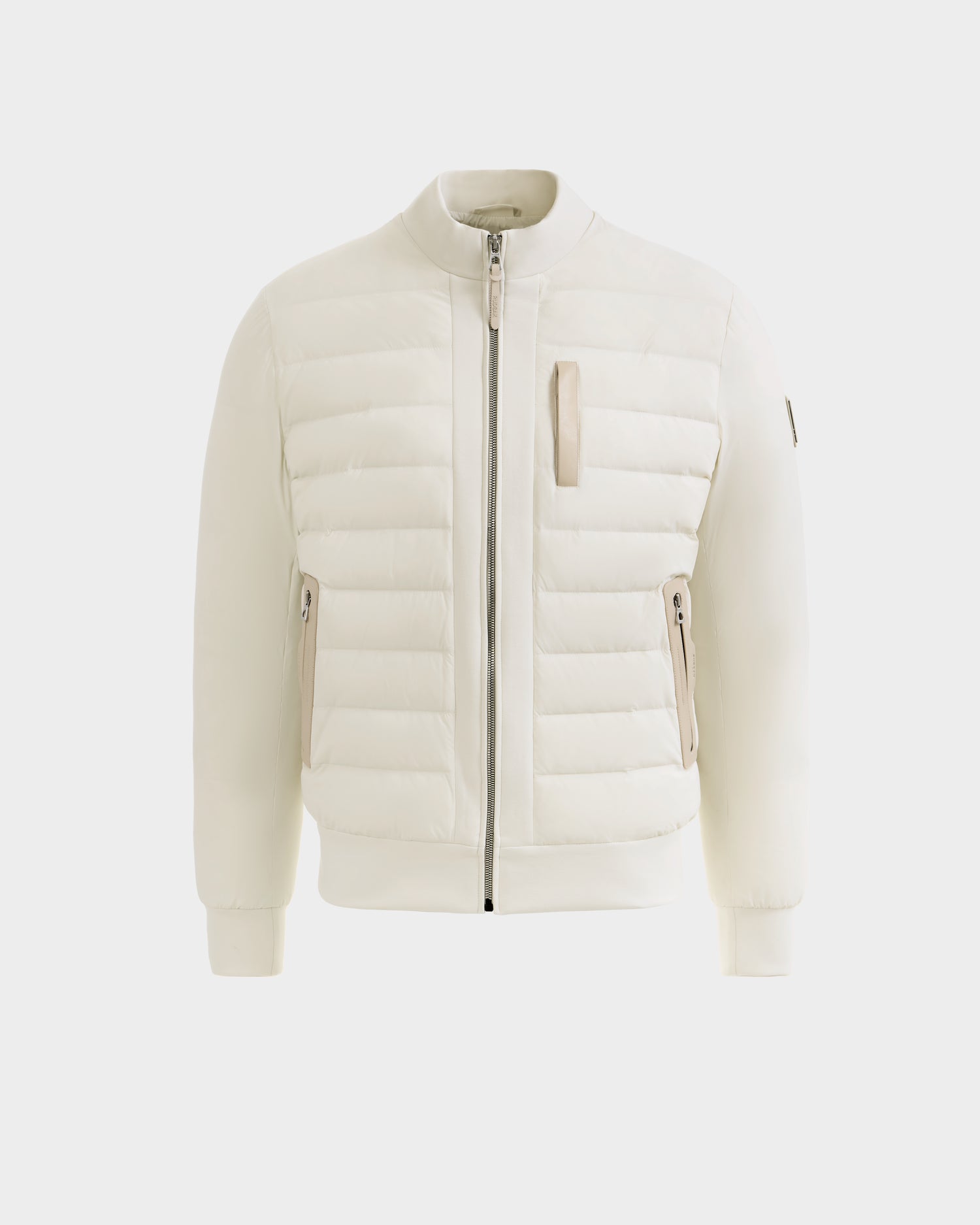 The JIMMY - 6125723 Vanilla by Rudsak is a men's white quilted down jacket with RDS-certified down, water and wind resistance, front zipper, zip pockets, and ribbed cuffs and hem. Shown on a plain white background.