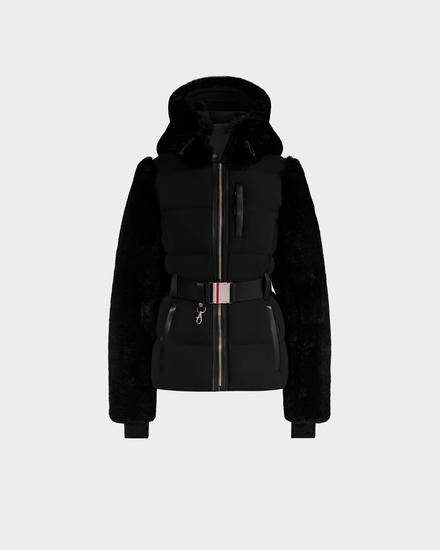 The JOANNA F - 8125593 Black by Rudsak is a puffer jacket with fur-textured sleeves and sides, front zipper, striped belted waist, and two pockets. Shown on a light gray background. Pre-order now; ships by November 30th.