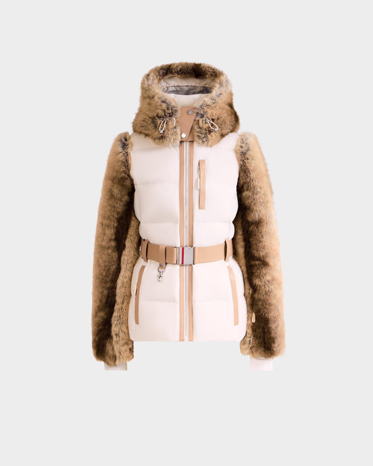 The Rudsak JOANNA F - 8125593 Mocha is a stylish puffer jacket in cream with faux fur trim and a belted waist. Pre-order now to secure yours—shipping begins November 30. Shown on a plain light background.