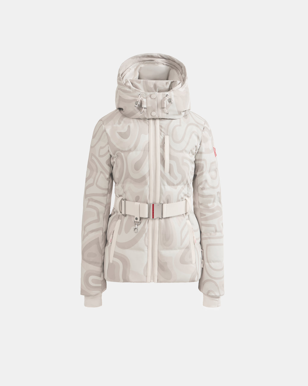The Rudsak JOANNA P - 8125623 Vanilla Deja vu winter jacket features a light grey and white abstract swirl pattern, hood, chest zipper pocket, adjustable belt, and ribbed cuffs. Pre-order now; ships November 30th. Shown on white background.