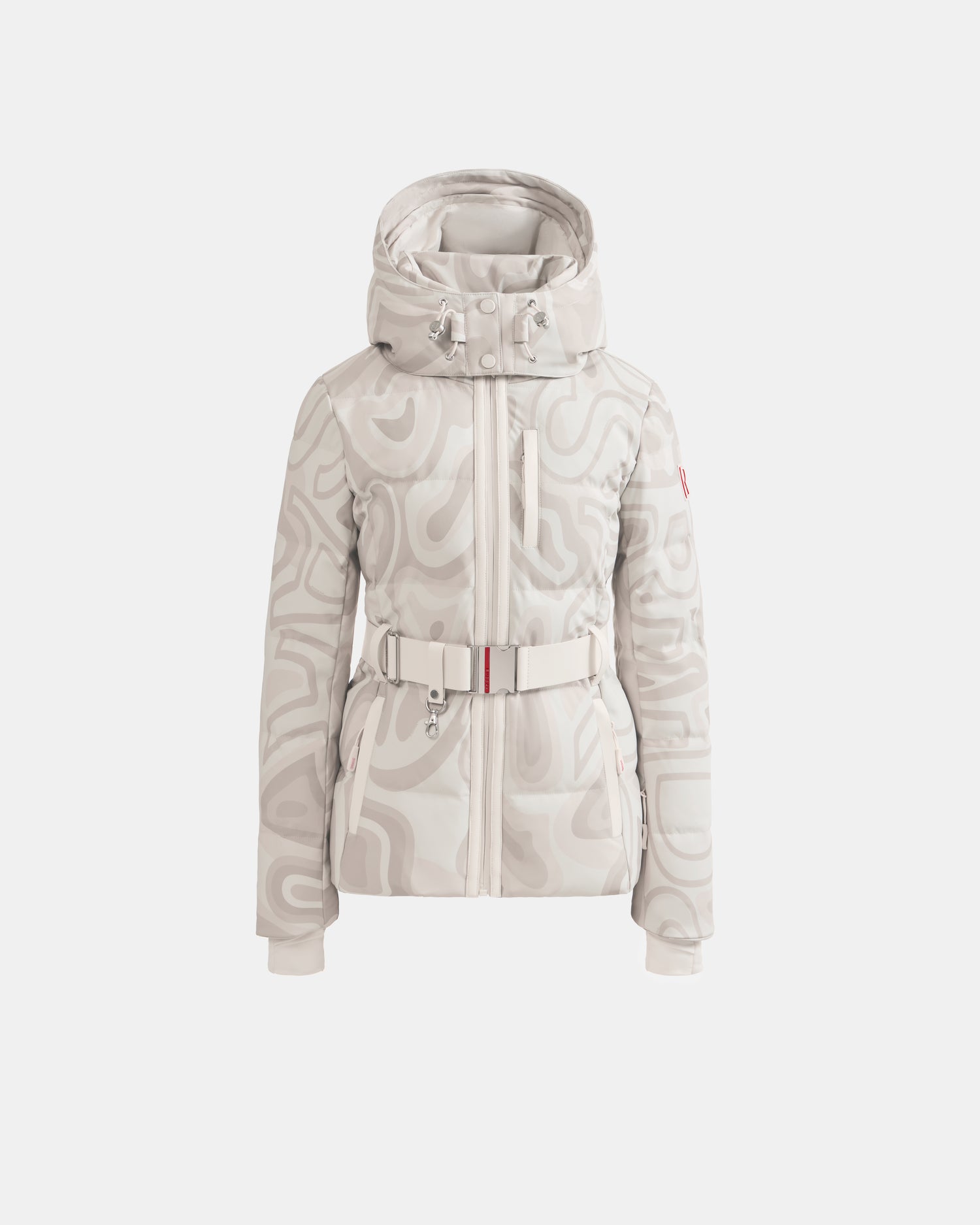 The Rudsak JOANNA P - 8125623 Vanilla Deja vu winter jacket features a light grey and white abstract swirl pattern, hood, chest zipper pocket, adjustable belt, and ribbed cuffs. Pre-order now; ships November 30th. Shown on white background.