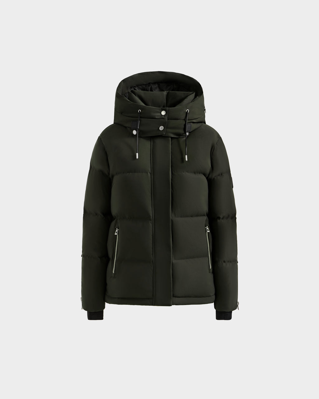 The Rudsak JOON H - 8125586 Dark Olive women’s down jacket features a hood, front zipper, snap buttons, and two zippered side pockets for lightweight warmth, shown against a plain light background.