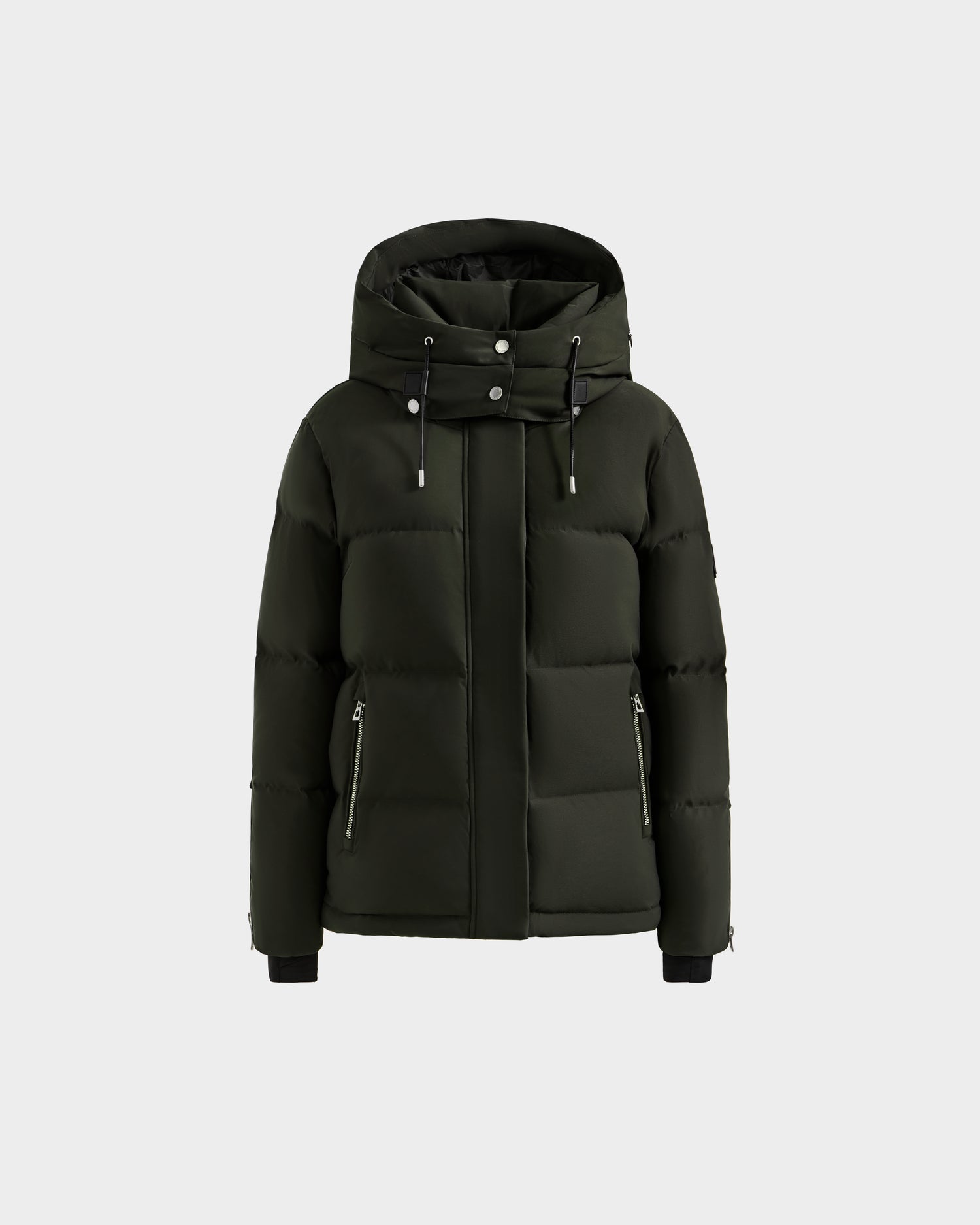 The Rudsak JOON H - 8125586 Dark Olive women’s down jacket features a hood, front zipper, snap buttons, and two zippered side pockets for lightweight warmth, shown against a plain light background.
