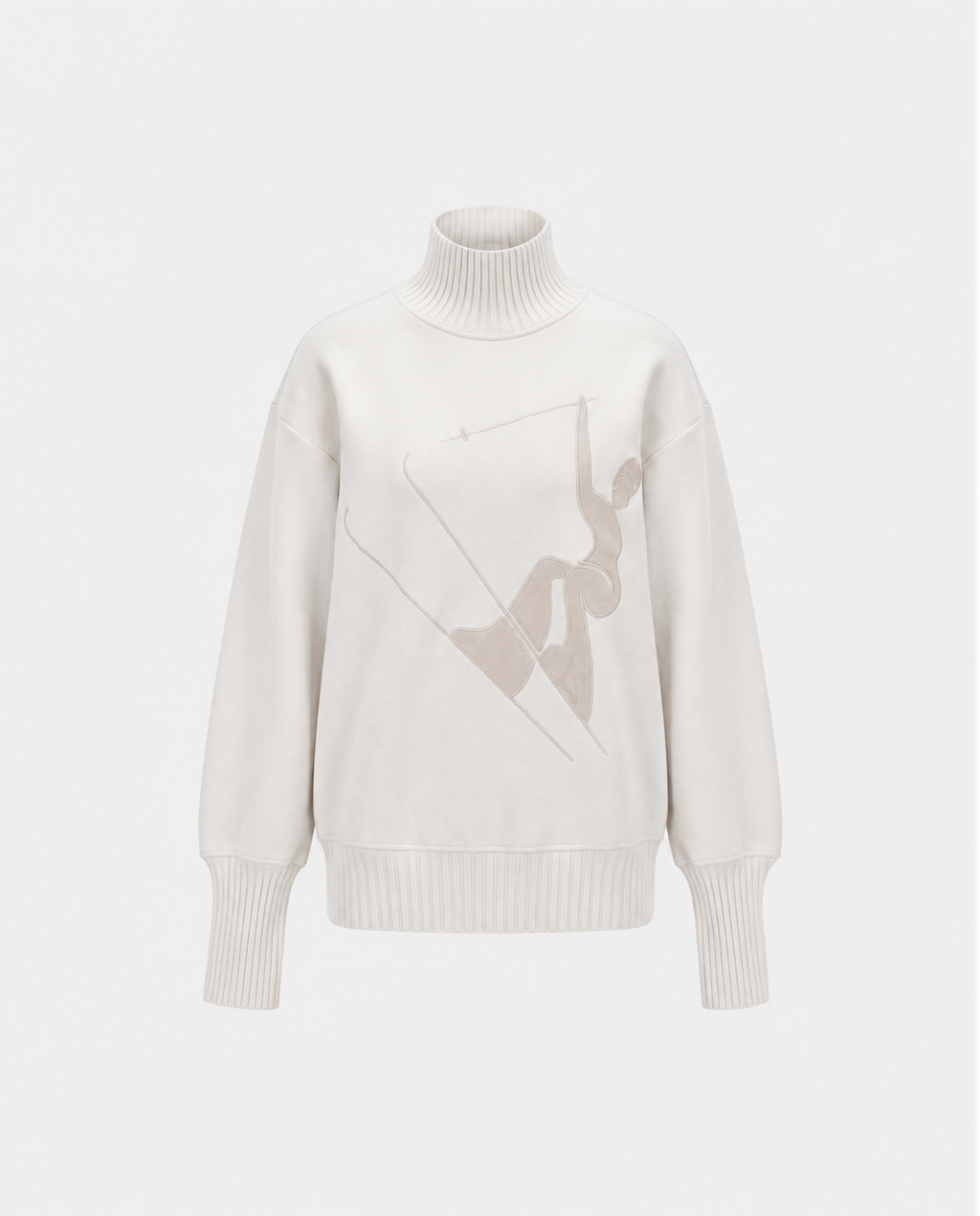 JOYCE E - 8526538 Vanilla by Rudsak is a white turtleneck sweater featuring ribbed cuffs and a minimalist abstract graphic of a figure at the front center, perfect for capturing the alpine spirit. The sweater is displayed against a plain white background.