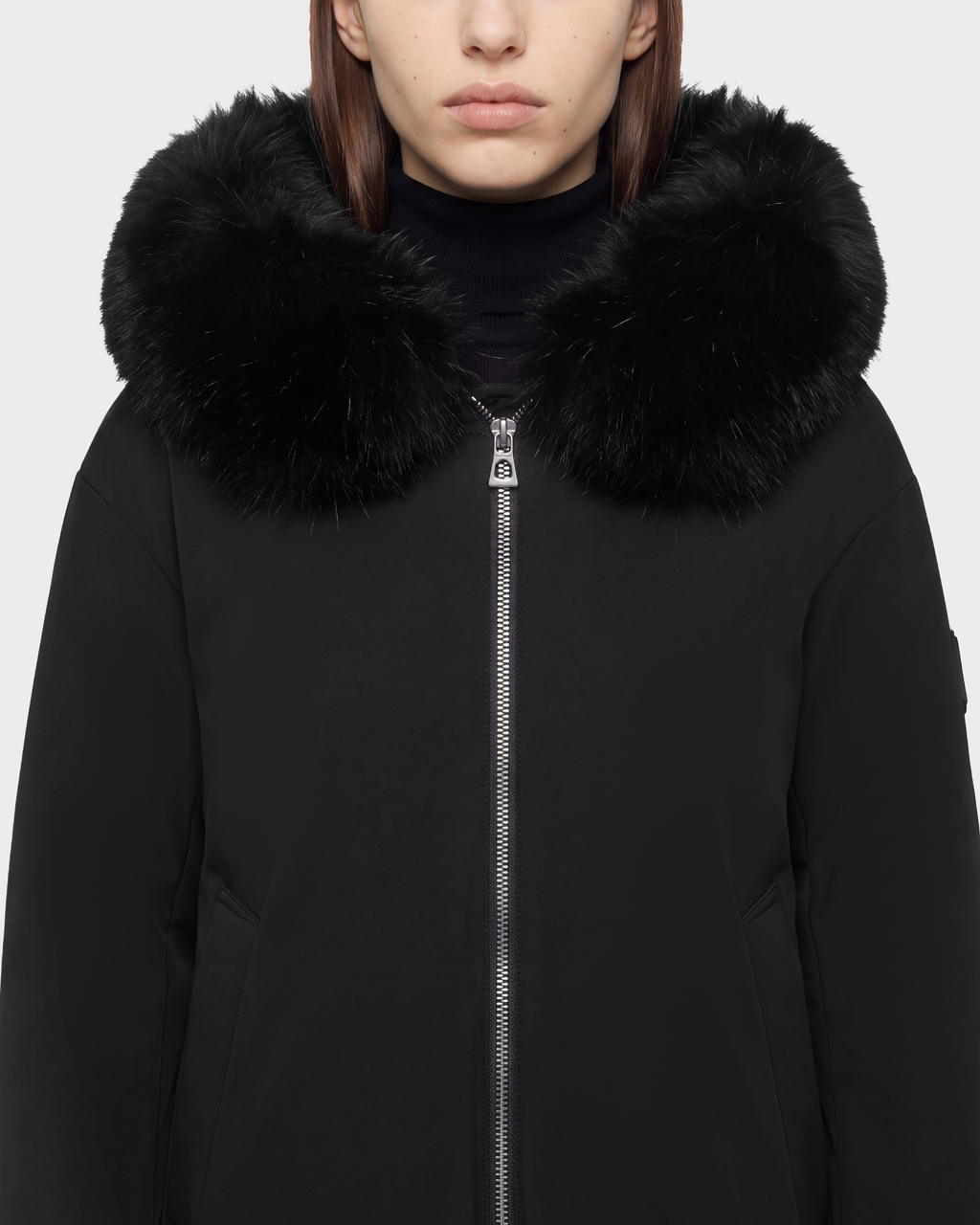 Rudsak KATHLEEN - 8126764 Black zip-up jacket with a black fur-trimmed hood.