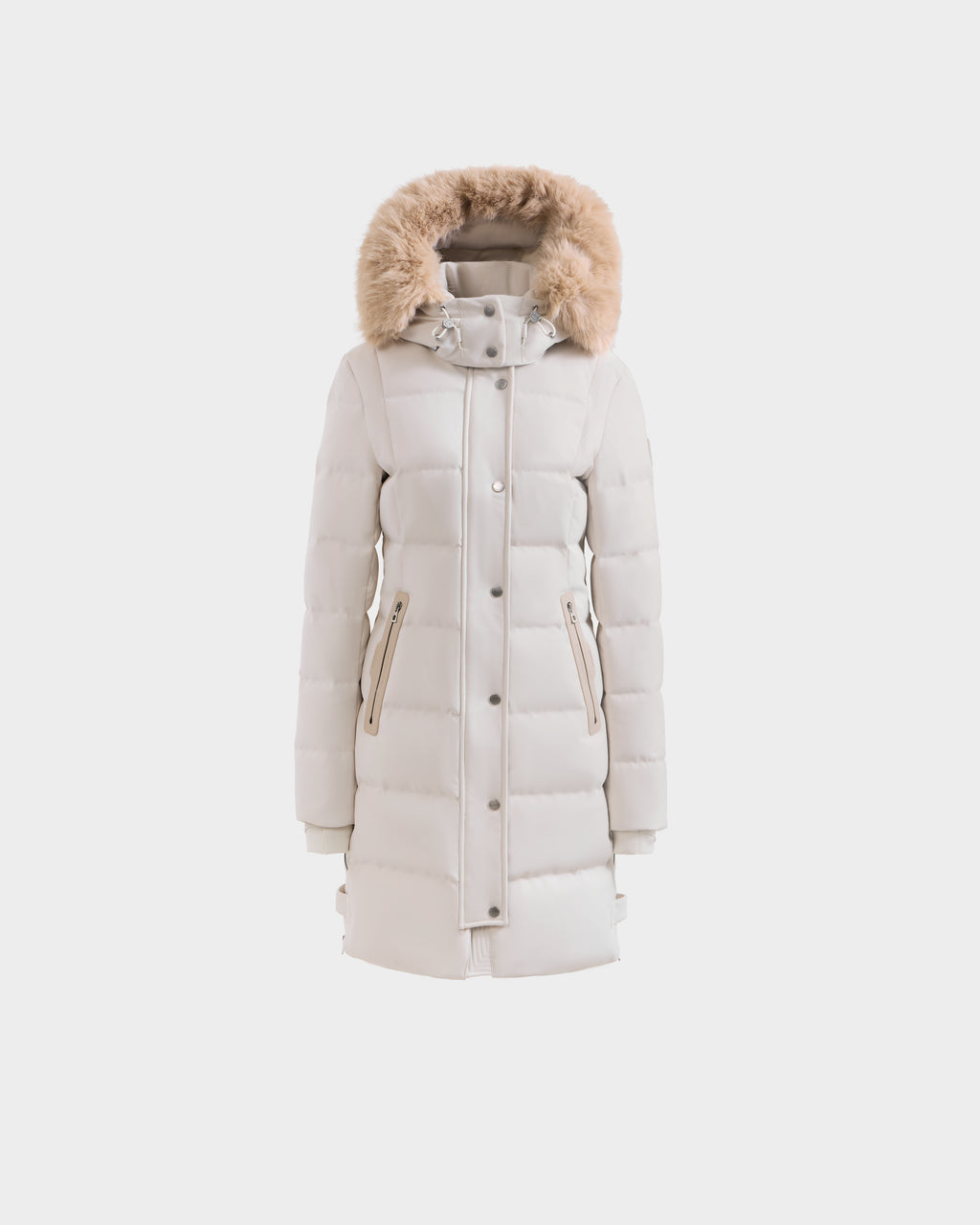The Rudsak KEHLANI H - 8125643 Vanilla is a long white women's down parka with a fur-trimmed hood, front buttons, and zippered pockets, made with RDS-certified down, shown on a plain white background.