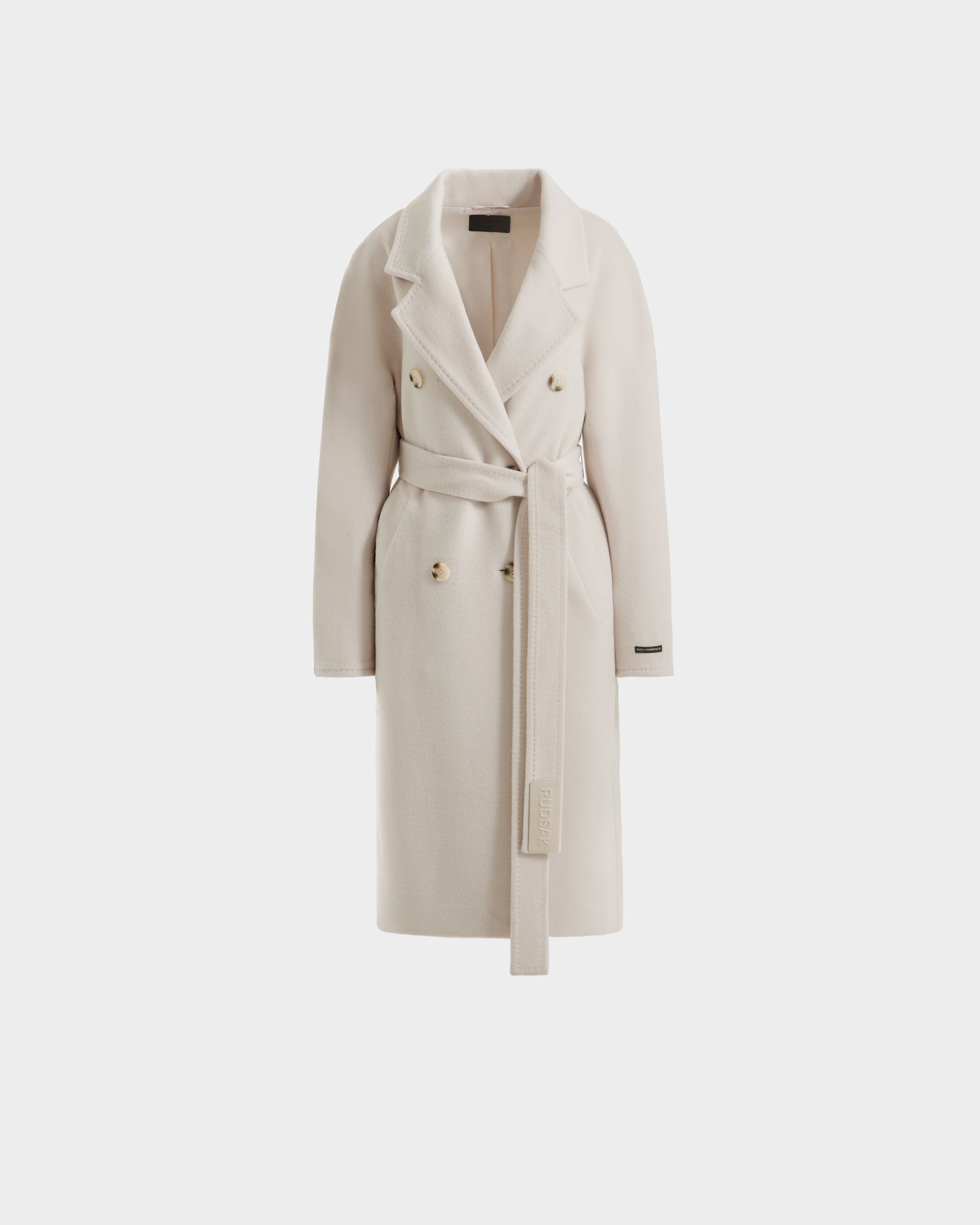 The KOURT W - 8124702 Vanilla by Rudsak is a long, double-breasted cream wool coat with wide lapels, gold buttons, and side pockets, shown on a plain white background.