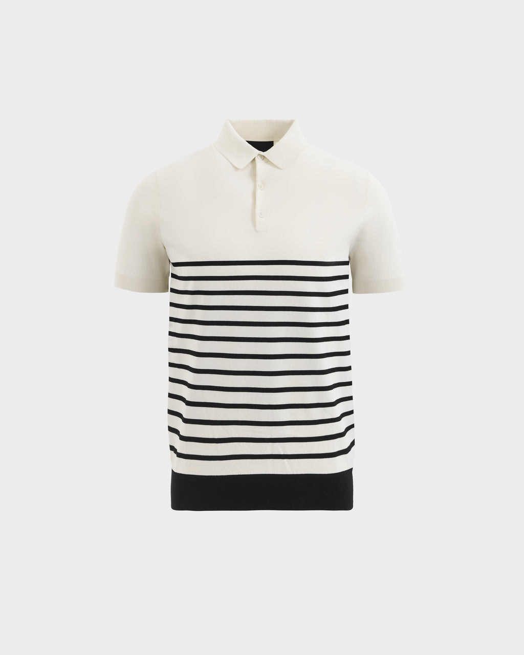 The KRIS - 6526005 Iceland by Rudsak is a short-sleeve polo with a white collar and top, horizontal black stripes on the lower half, and a solid black hem.