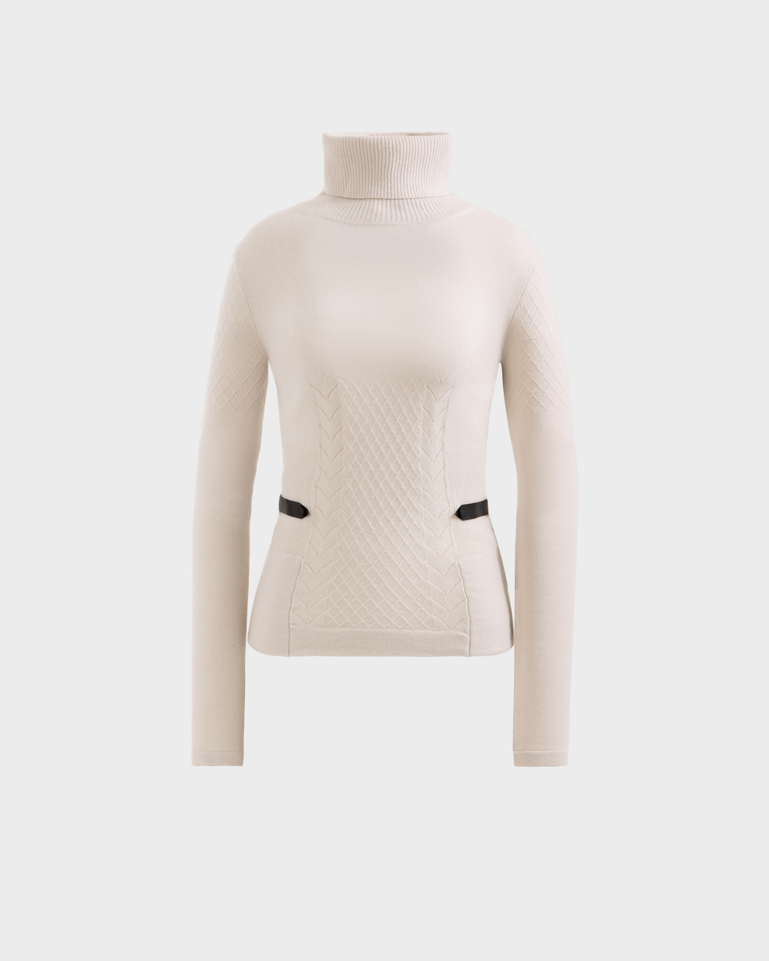 The LAURA - 8524596 Vanilla by Rudsak is a beige women's knit turtleneck sweater with a cable-knit pattern and two black vegan leather waist accents, shown on a plain white background.