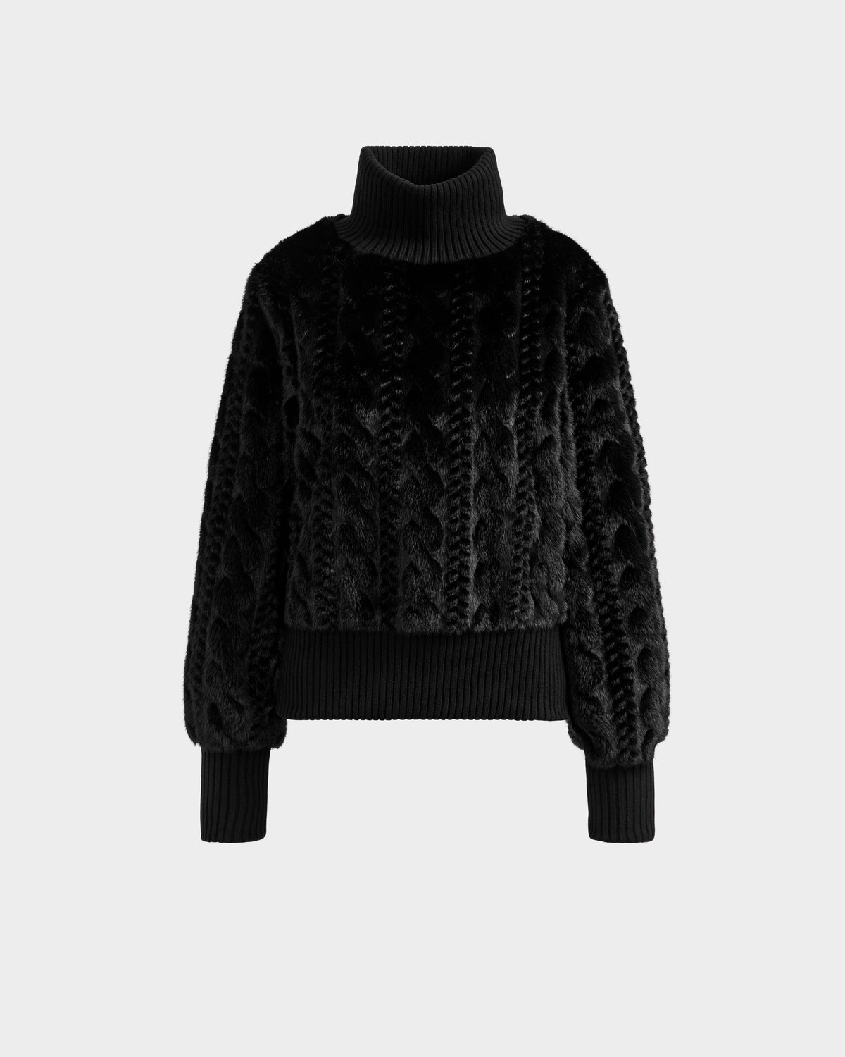 The LAYLA F - 8525630 Black sweater by Rudsak features a black, cable knit-inspired design with long sleeves, a turtleneck, and ribbed cuffs and hem—perfect for classic après-ski style. Shown on a plain white background.