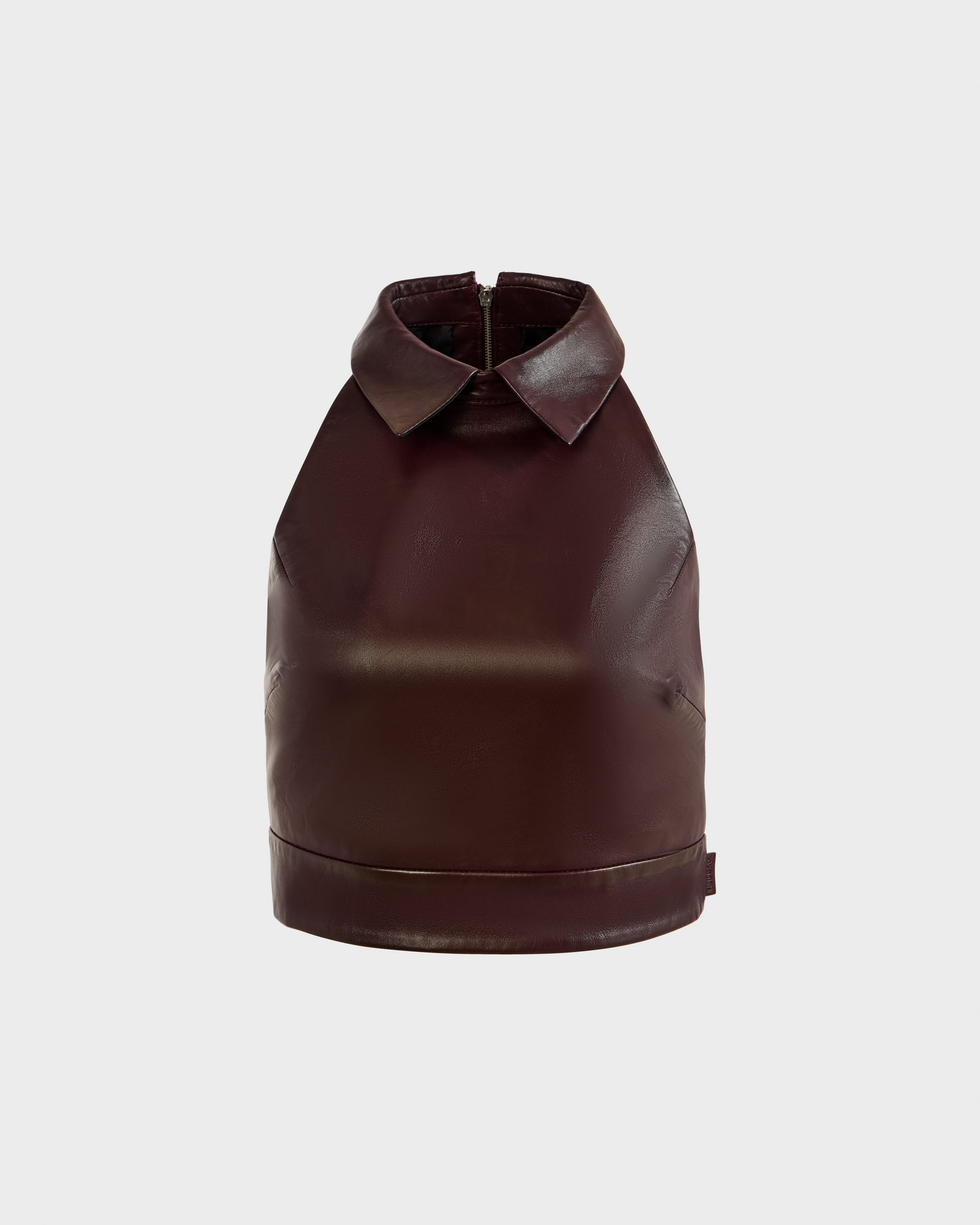 The LOVELL - 8525557 Bordeaux by Rudsak is a sleeveless dark brown premium leather halter top with a high collar and front zipper, shown against a plain light gray background.