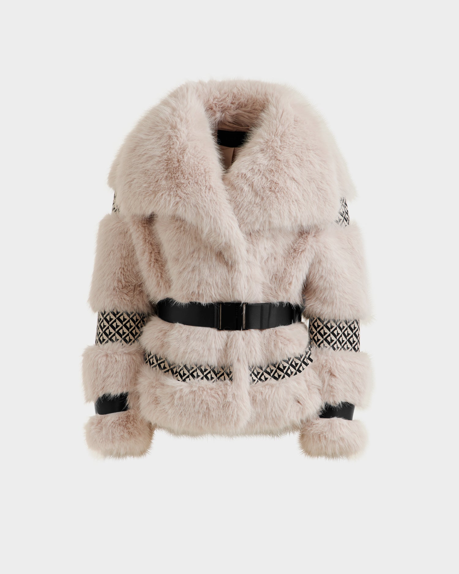 The Rudsak LUELLA - 8125656 Vanilla Monogram women's wrap coat features light pink faux fur, a wide collar, black belt waist, and black geometric bands on the sleeves and pockets, shown against a plain white background.