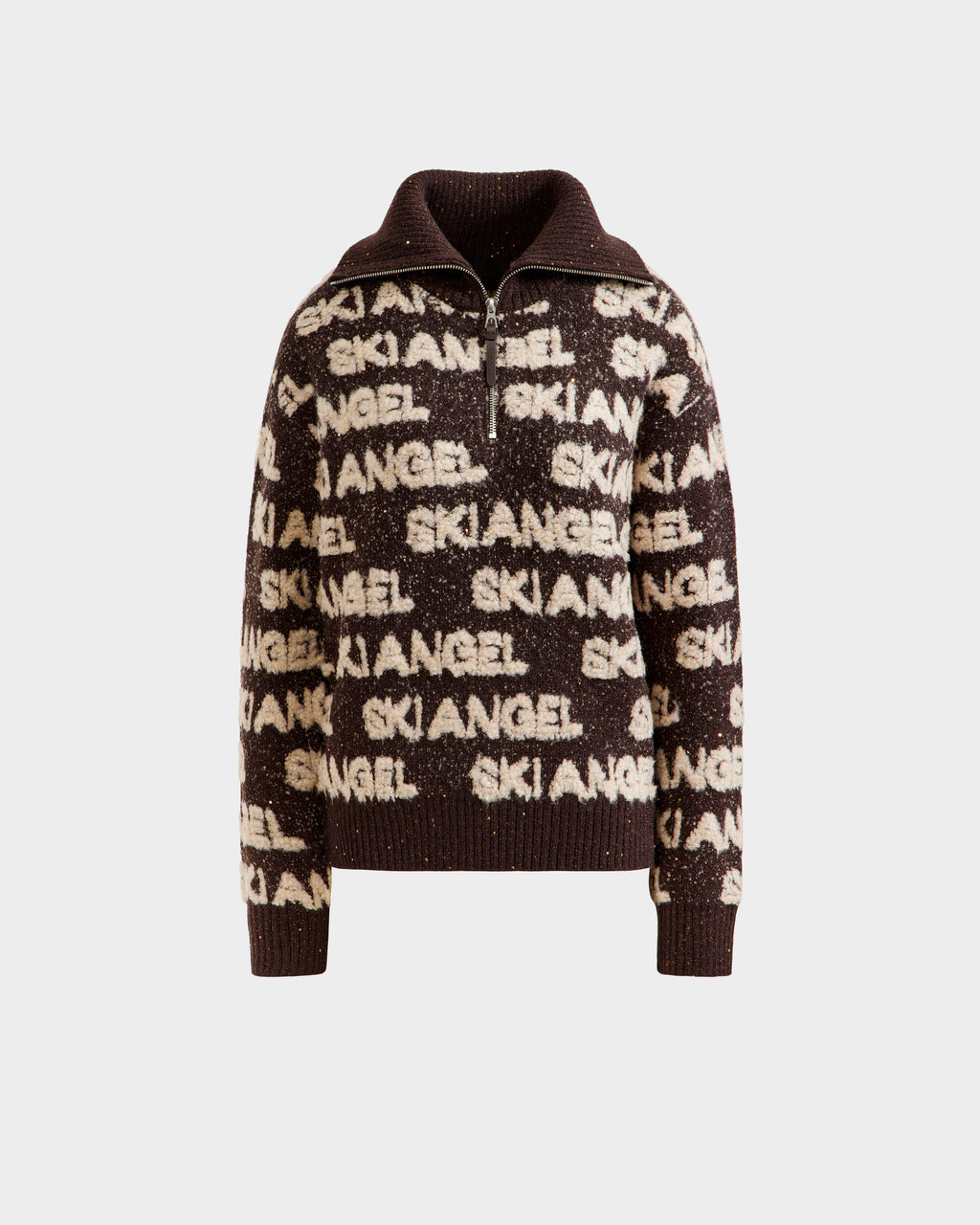 The Rudsak LYDIA - 8525687 Espresso is a brown zip-up women’s sweater with a large collar and cream SKI ANGEL lettering—ideal for après-ski style.