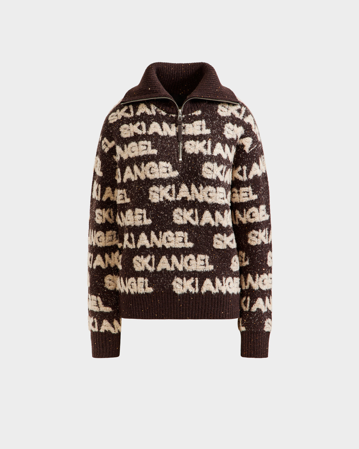 The Rudsak LYDIA - 8525687 Espresso is a brown zip-up women’s sweater with a large collar and cream SKI ANGEL lettering—ideal for après-ski style.