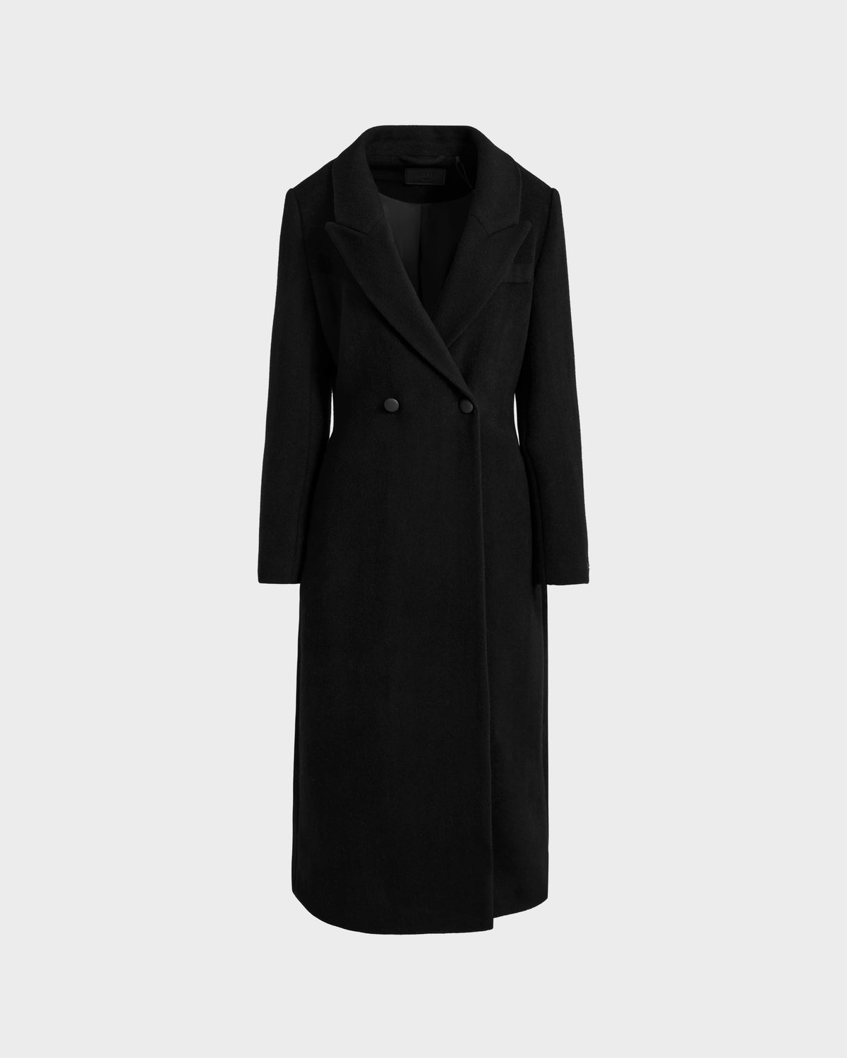 The Rudsak LYNWOOD - 8125539 Black women’s long tailored coat is crafted from premium wool, featuring a double-breasted design, notched lapel collar, and side pockets, shown on a plain light grey background.