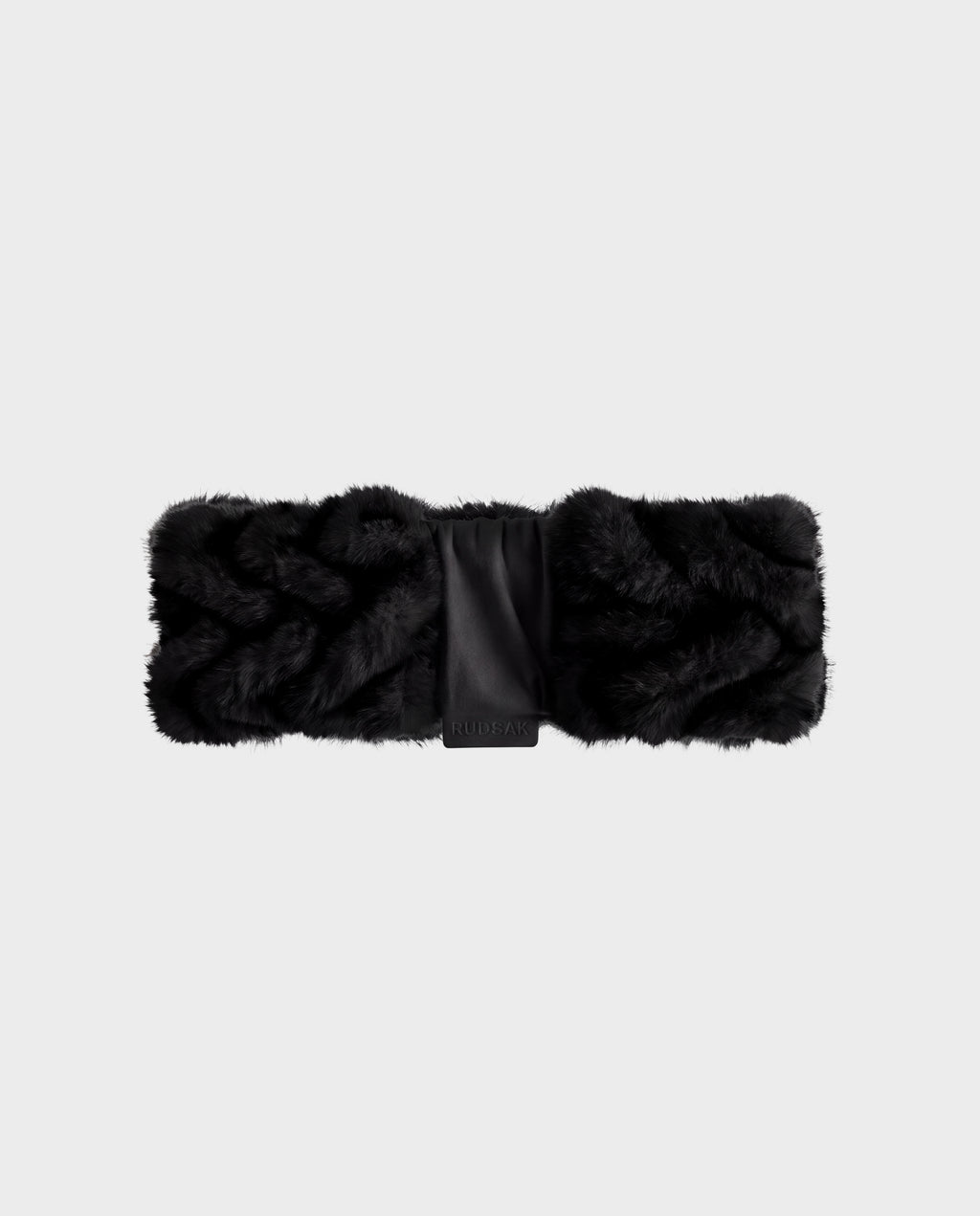MILA - 8426518 Black faux fur braided headband with a central leather panel.