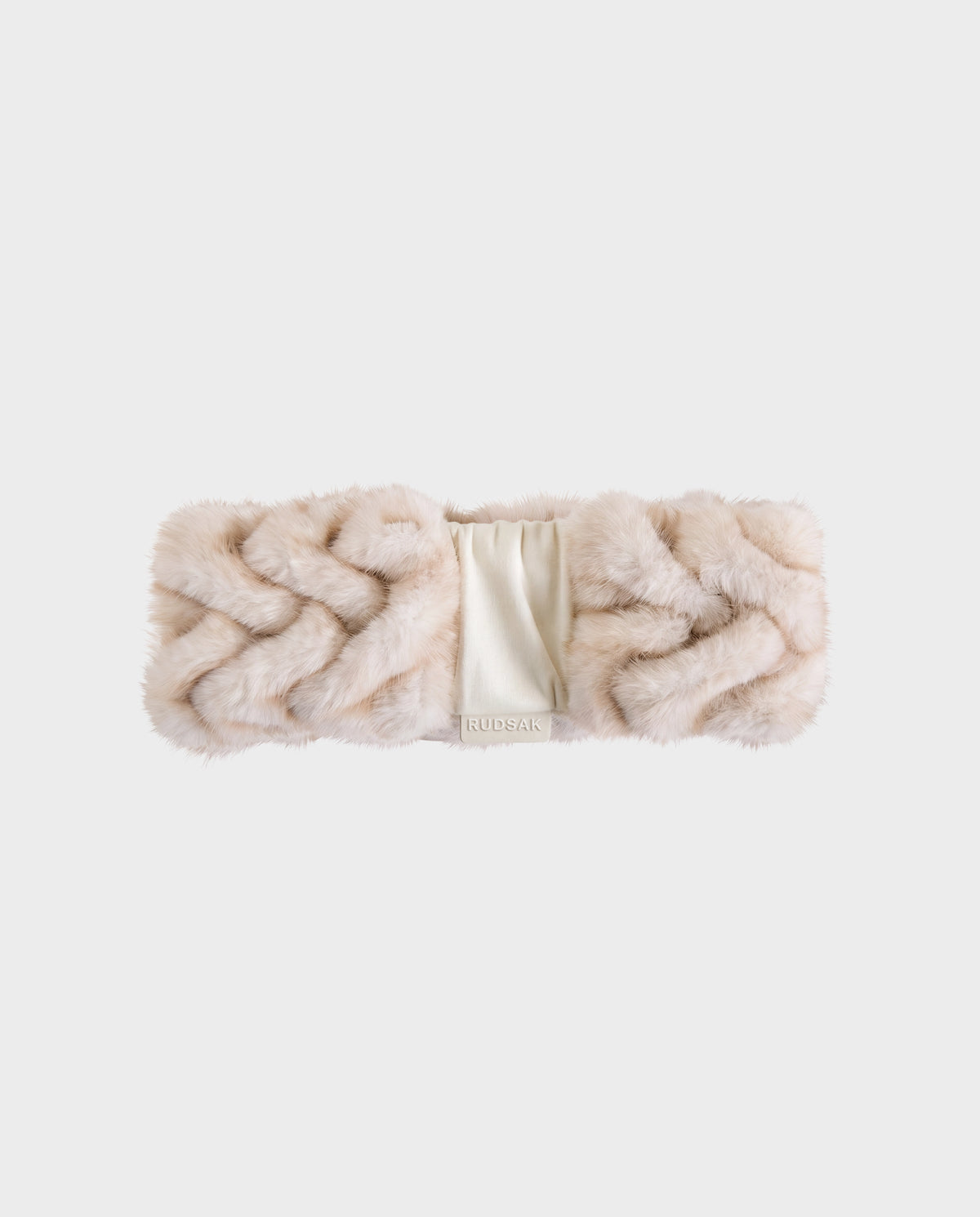 Cream-colored braided fur MILA - 8426518 Vanilla headband with a center panel featuring a branded logo tag.