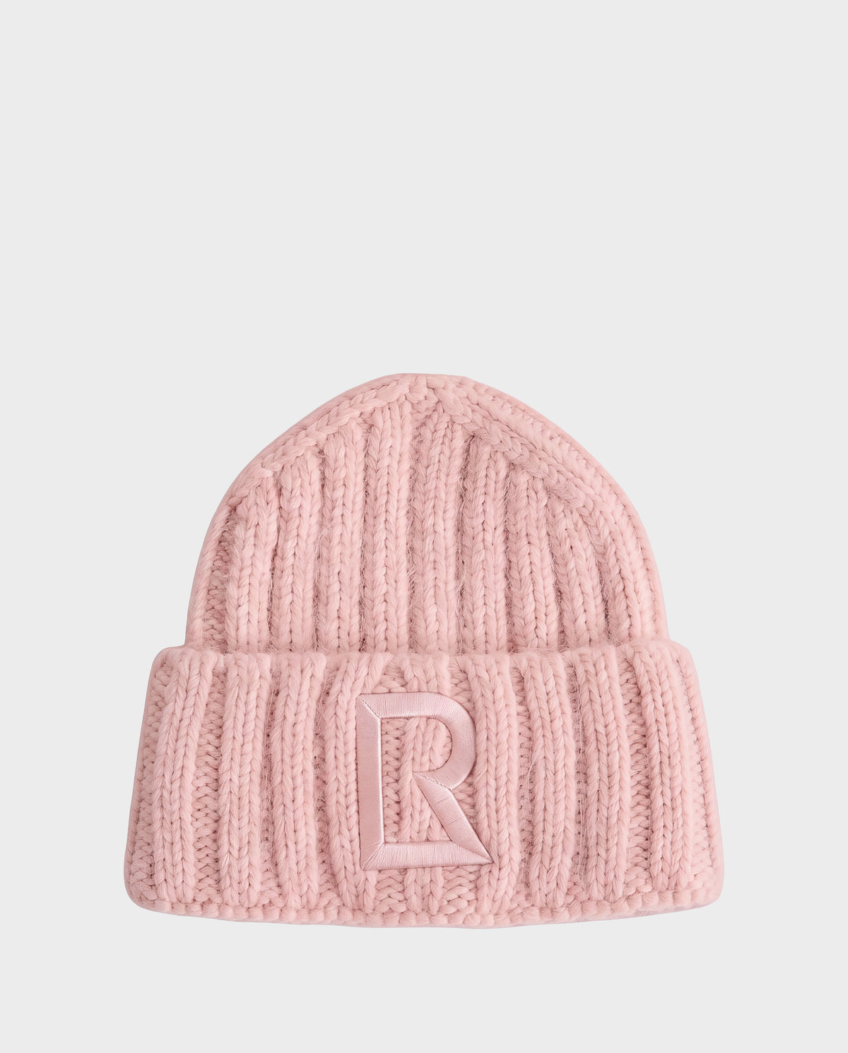 Pink ribbed knit MISSA - 8426512 Vintage Rose beanie with a large letter R patch on the cuff.